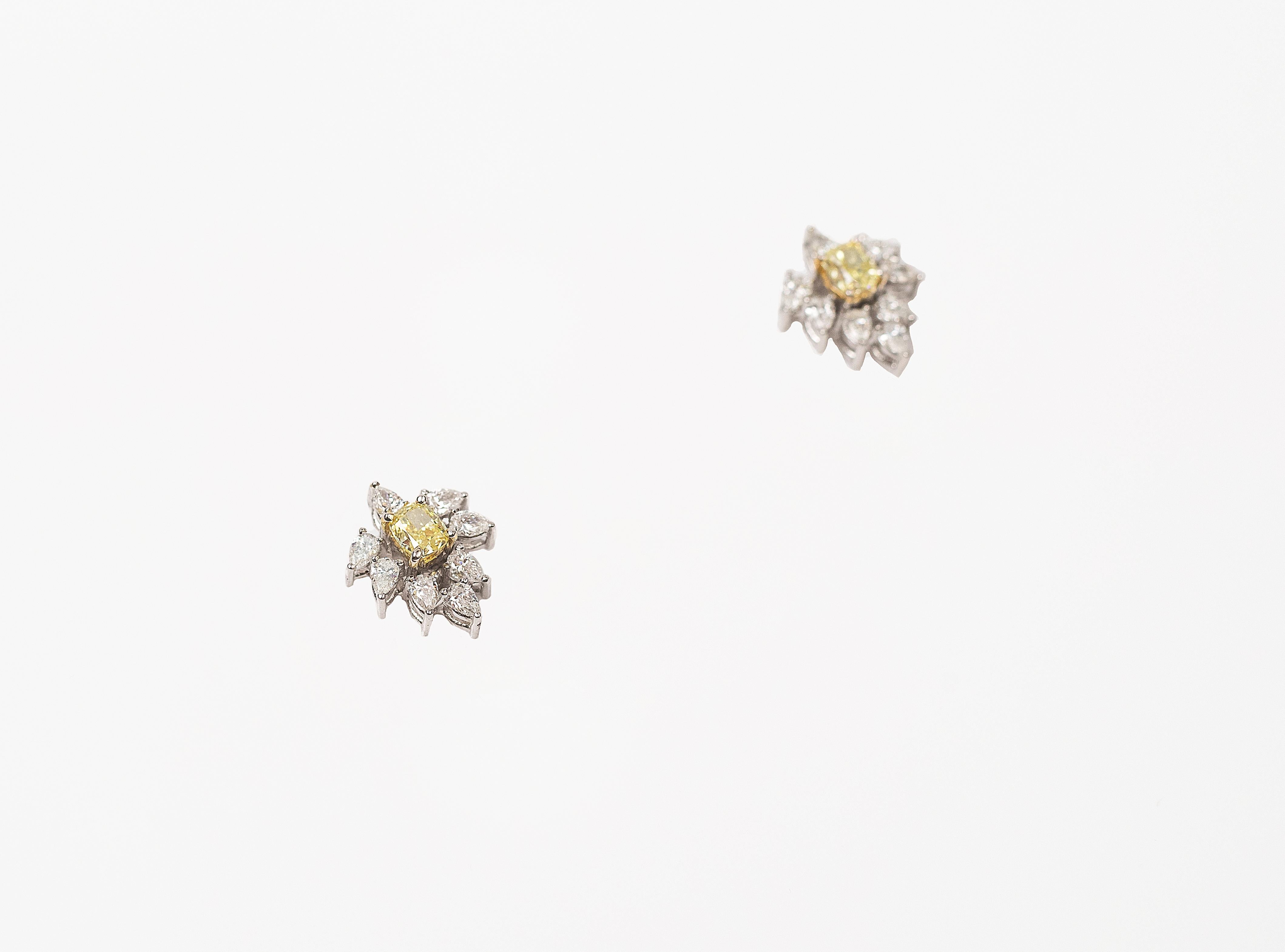 Handcrafted 18K Gold Earrings Studded with Natural Fancy Yellow Diamonds and Pear Shape Diamonds.
Gold Weight - 5.043 gms
Diamond Weight - 2.36 cts
Diamond Clarity - VS-Si
Diamond Colour - G-H & Fancy Yellow Diamond
Post and Clip System.

