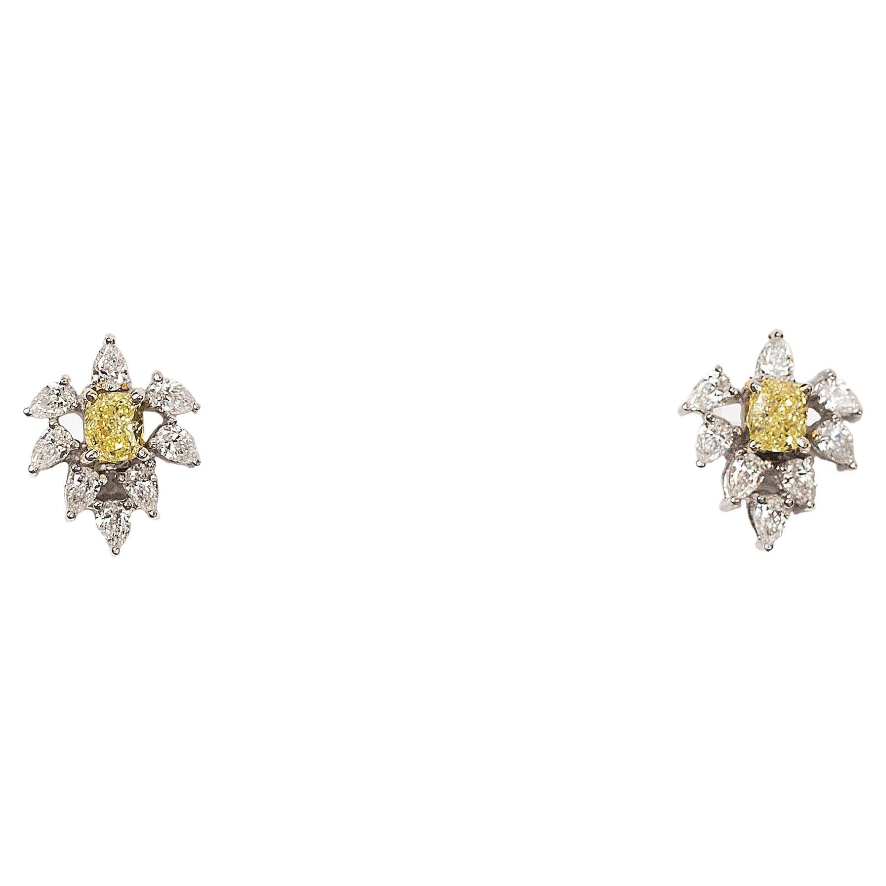 2.36 Cts Earrings Studded with Fancy Yellow Diamond in 18K Gold
