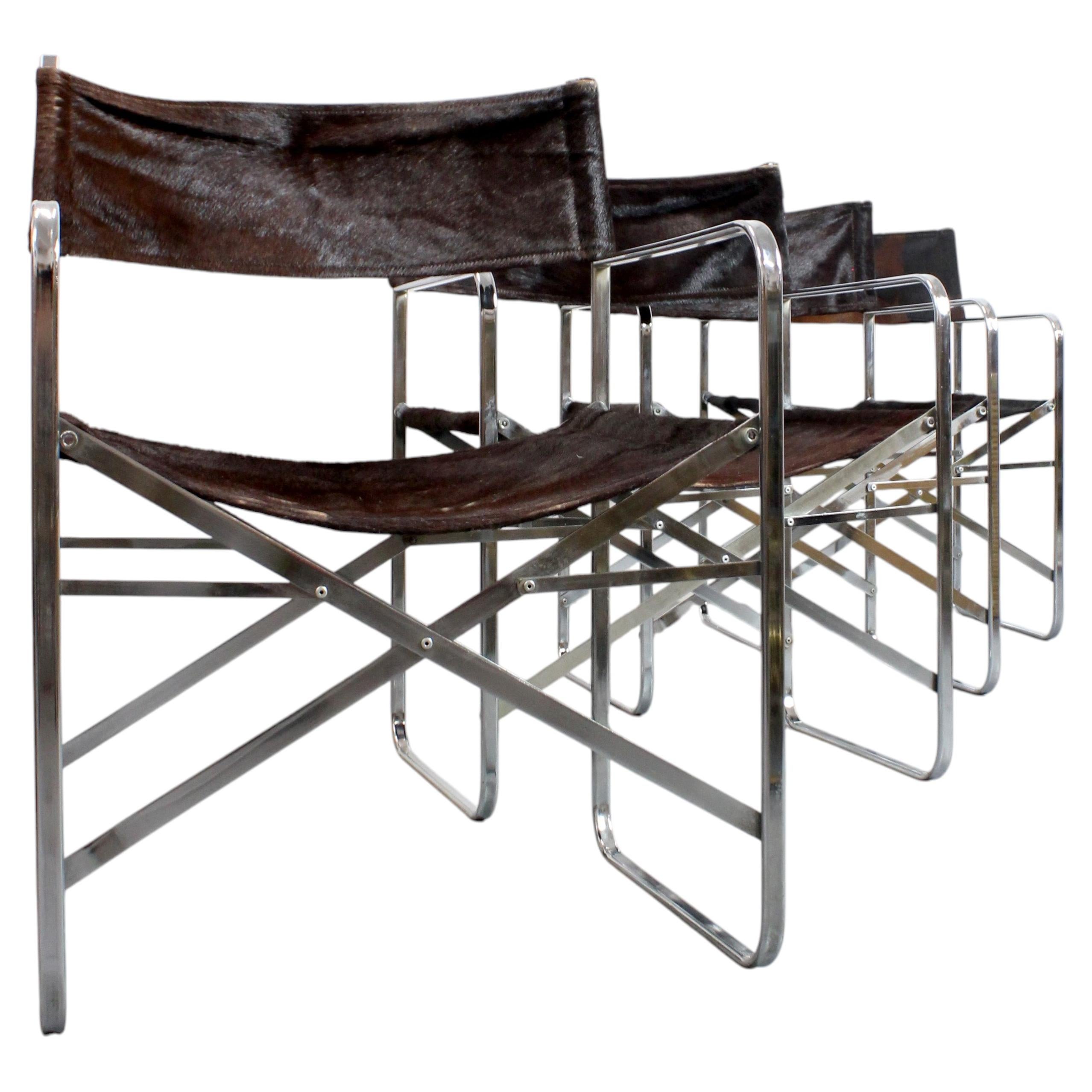 236 Set of 4 "April" folding chairs with chromed steel frame and leather For Sale