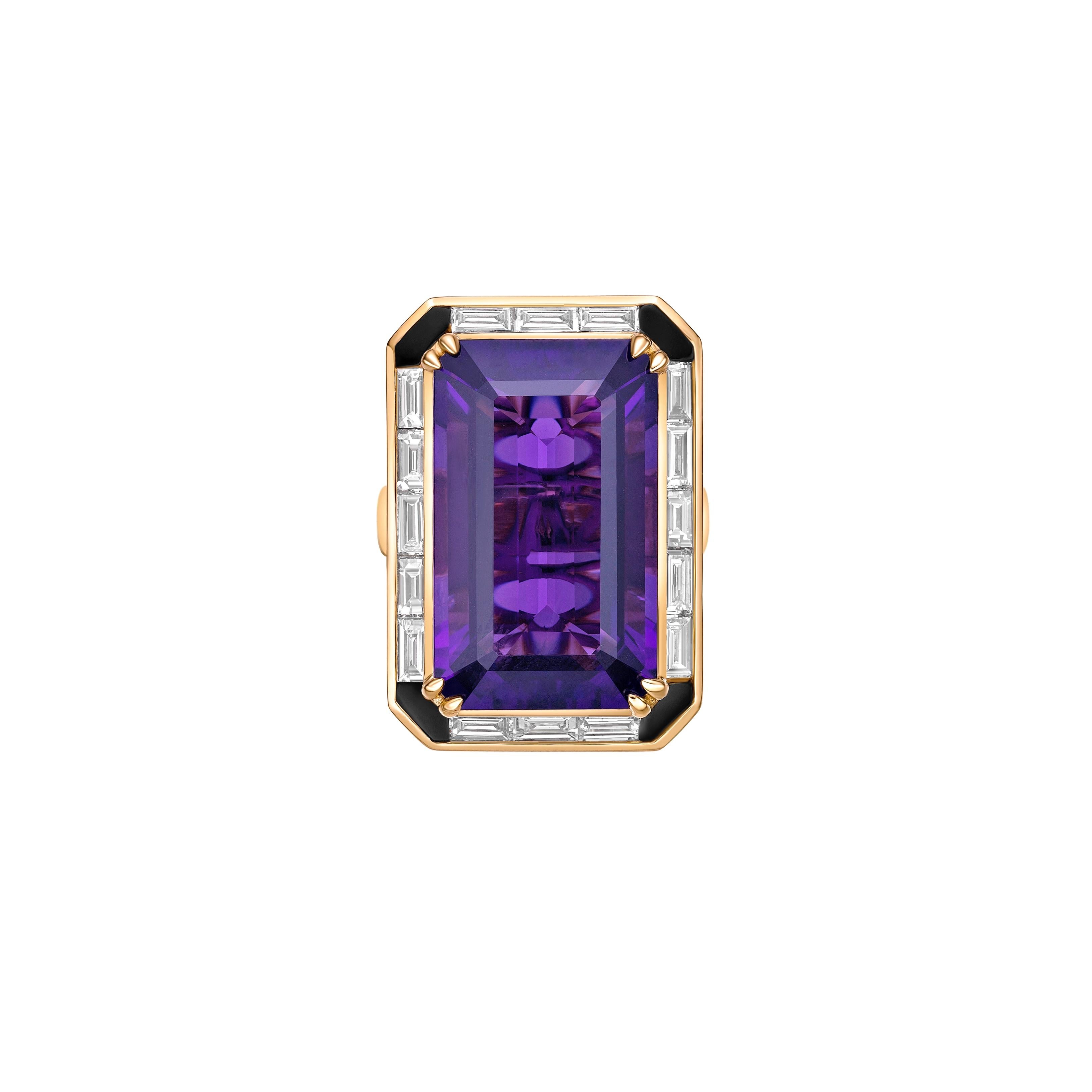 Contemporary 23.62 Carat Amethyst Fancy Ring in 18KYG with Black Onyx and White Diamond.   For Sale