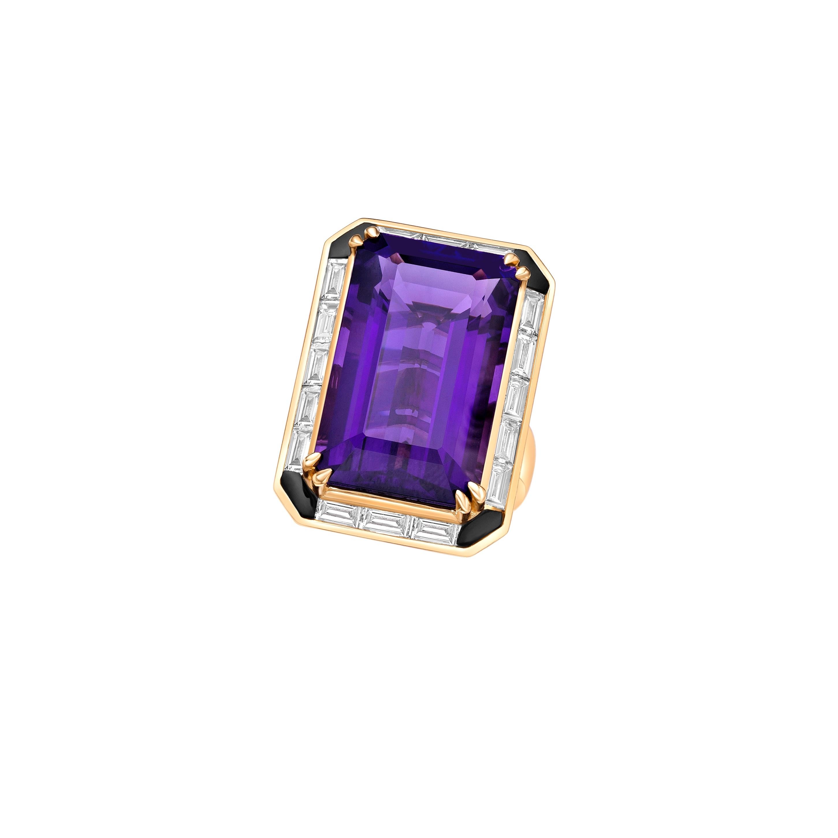 Octagon Cut 23.62 Carat Amethyst Fancy Ring in 18KYG with Black Onyx and White Diamond.   For Sale