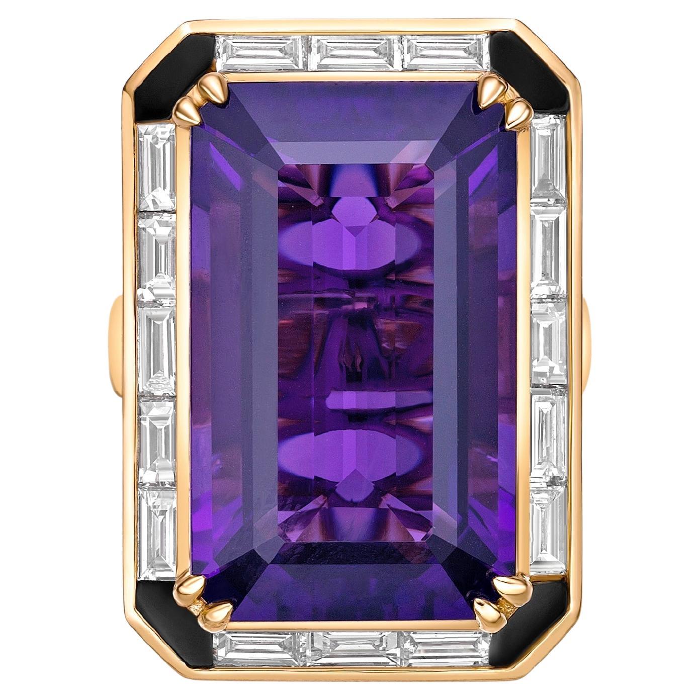 23.62 Karat Amethyst Fancy Ring in 18KYG mit schwarzem Onyx und weißem Diamant.   im Angebot