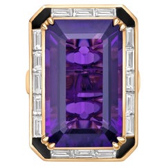 23.62 Carat Amethyst Fancy Ring in 18KYG with Black Onyx and White Diamond.  