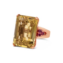 23.62 Carats Emerald Cut Golden Citrine & Round Cut Ruby Cocktail Rose Gold Ring
