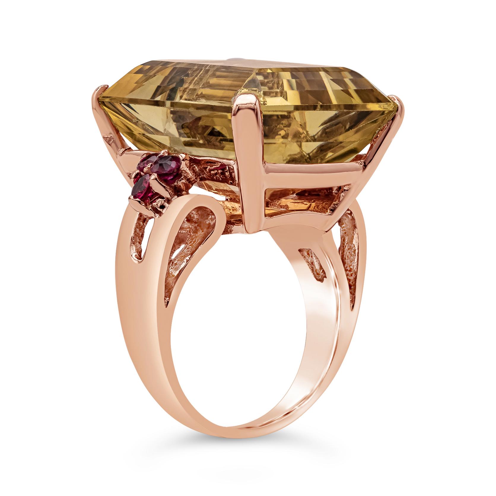 Contemporary 23.92 Carats Emerald Cut Golden Citrine and Round Ruby Cocktail Ring  For Sale