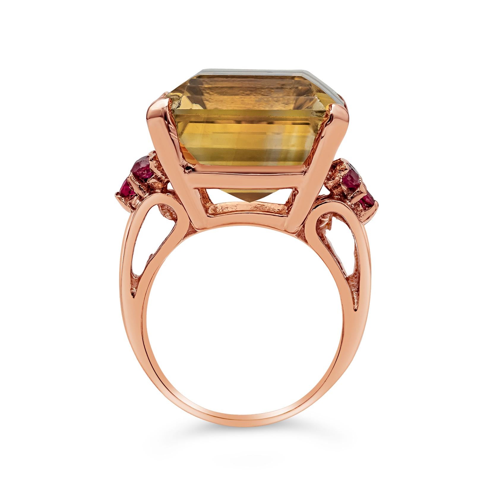 23.92 Carats Emerald Cut Golden Citrine and Round Ruby Cocktail Ring  In Good Condition For Sale In New York, NY