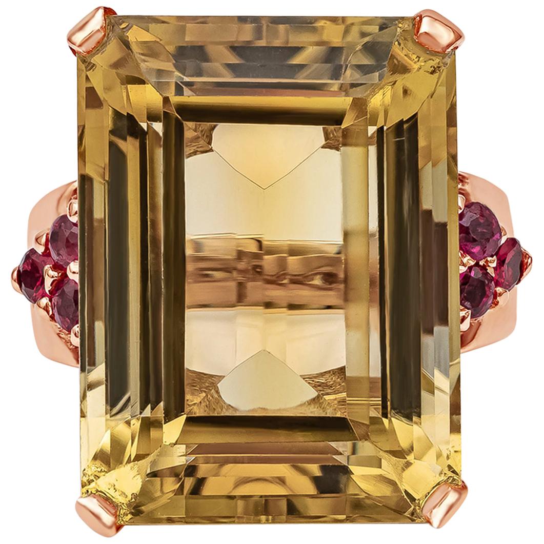 23.92 Carats Emerald Cut Golden Citrine and Round Ruby Cocktail Ring  For Sale