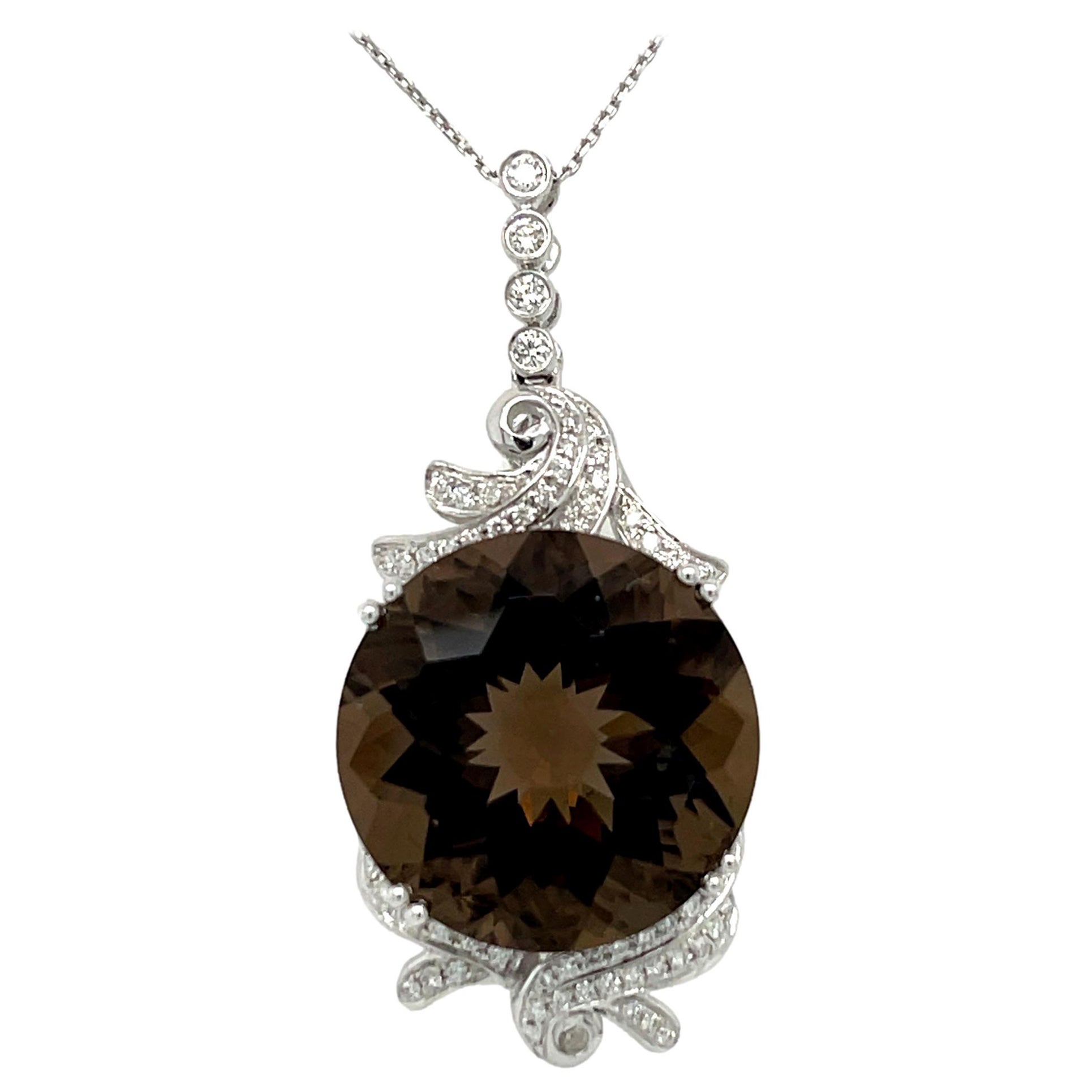 23.63 Karat runder Checkerboard Rauchtopas und Diamant 14KW Gold-Anhänger