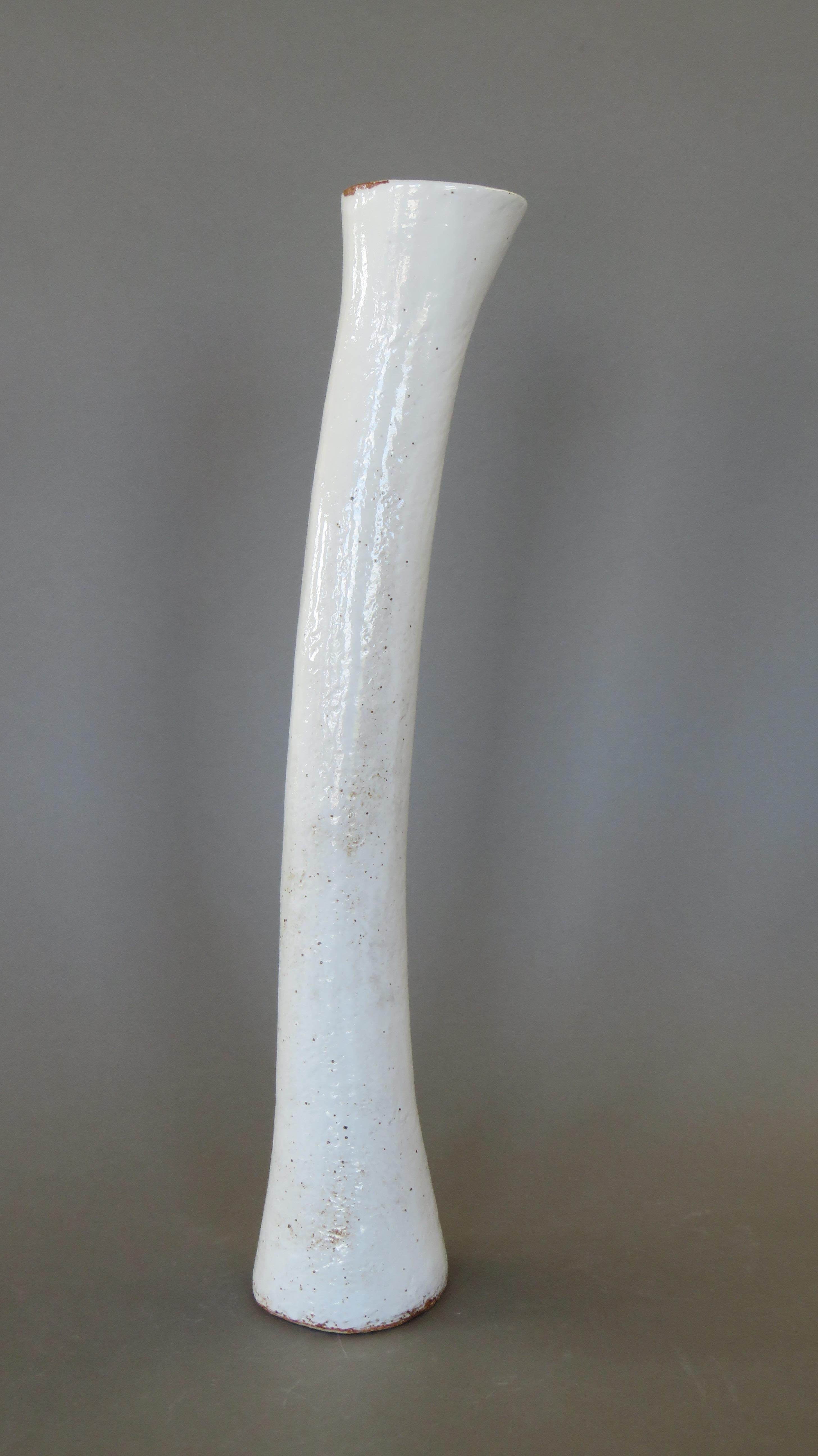 Hand-Crafted Tall Arcing Ceramic Vase, White Glaze with Brown Edge, Hand Built