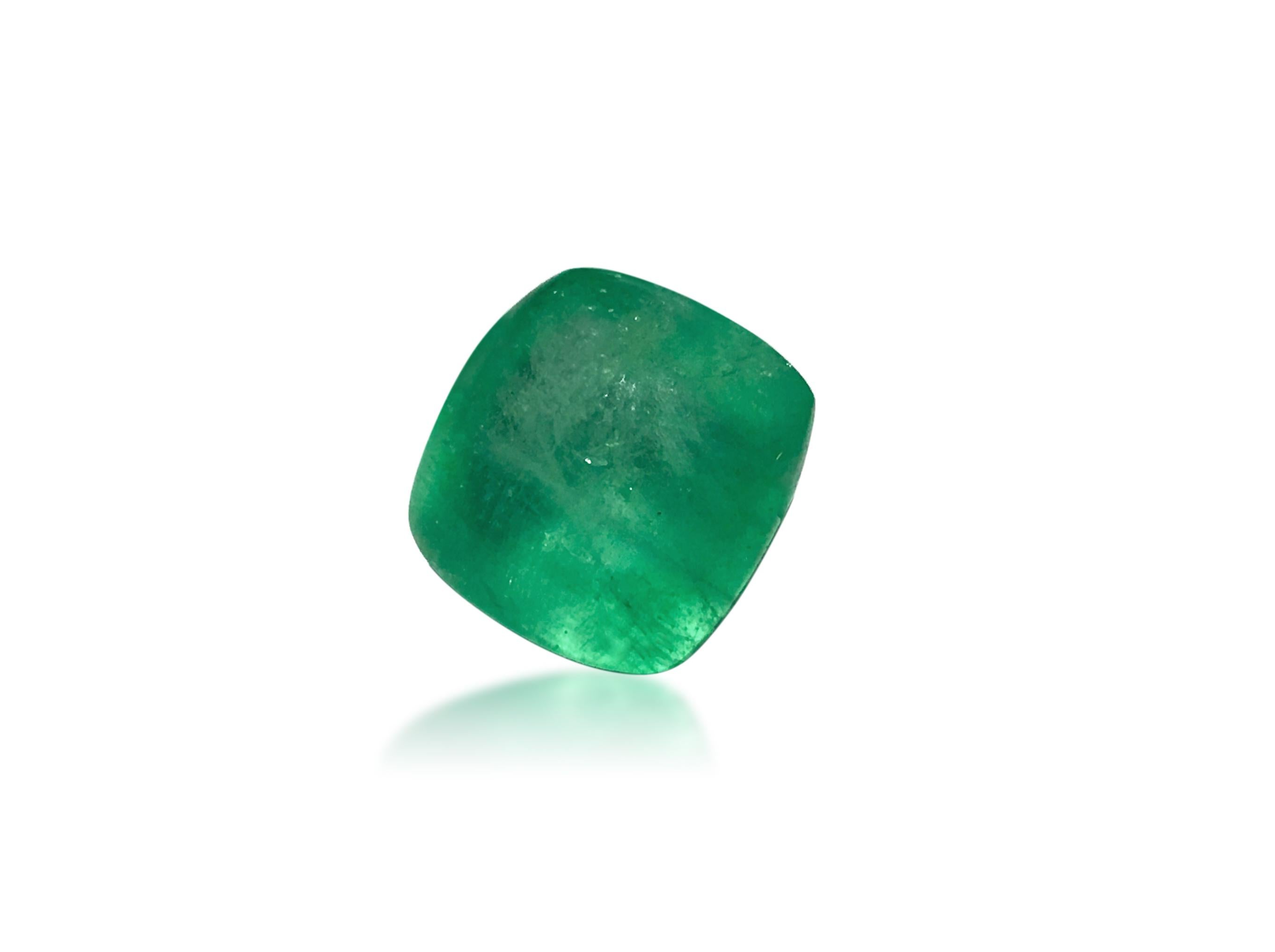 Presenting this exquisite loose emerald, featuring a superb sugar loaf cut and boasting an impressive weight of 23.65 carats, with dimensions of 6.50 x 6.60 mm. Its deep color and shine, coupled with its strong green hue, make it a standout