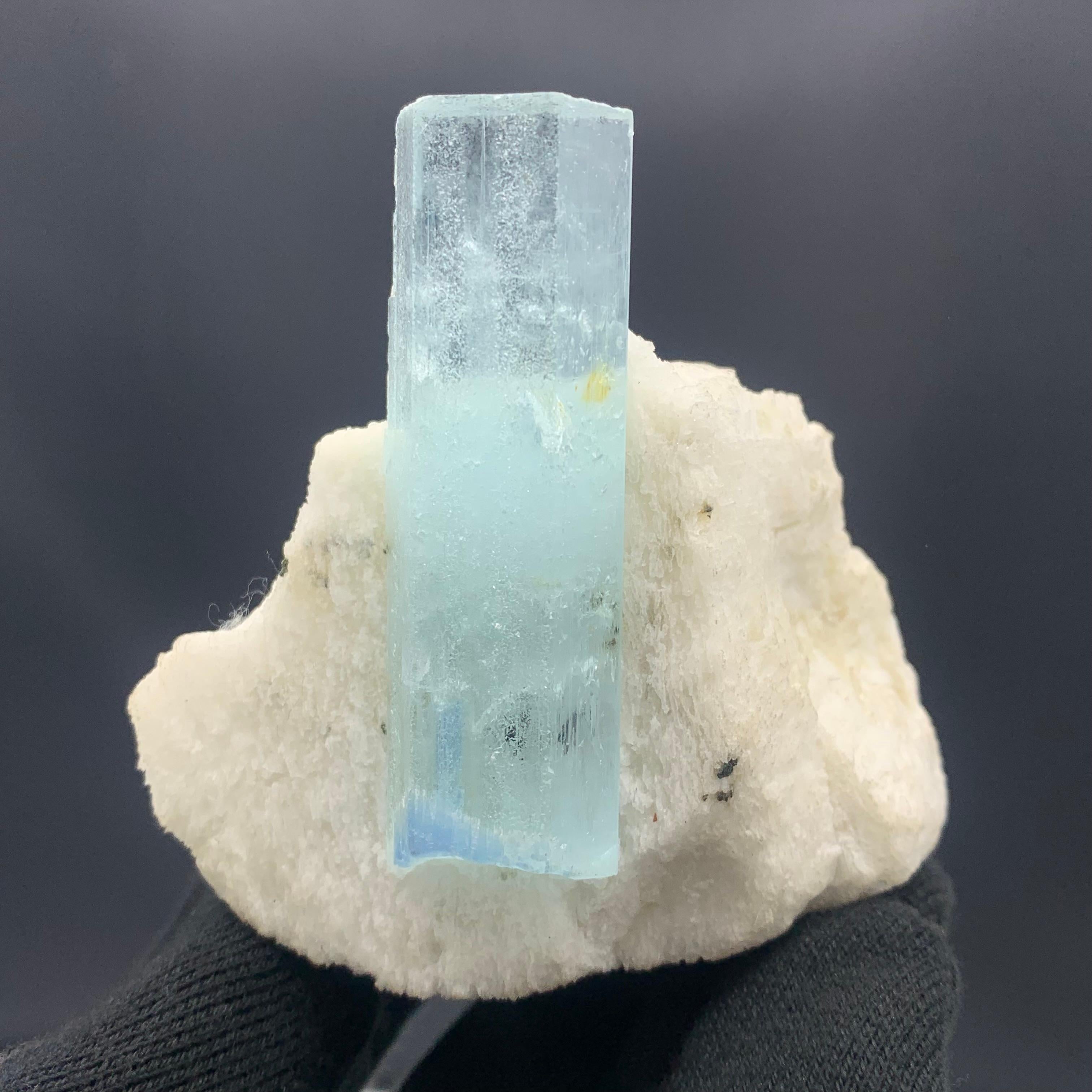 236.5 Gram Pretty Aquamarine Crystal On Feldspar From Shigar Valley, Pakistan 

Weight: 236.5 Gram 
Dimension: 7.2 x 8.2 x 5 Cm
Origin: Shigar Valley, Skardu District, Gilgit Baltistan Province, Pakistan 

Aquamarine is a pale-blue to light-green