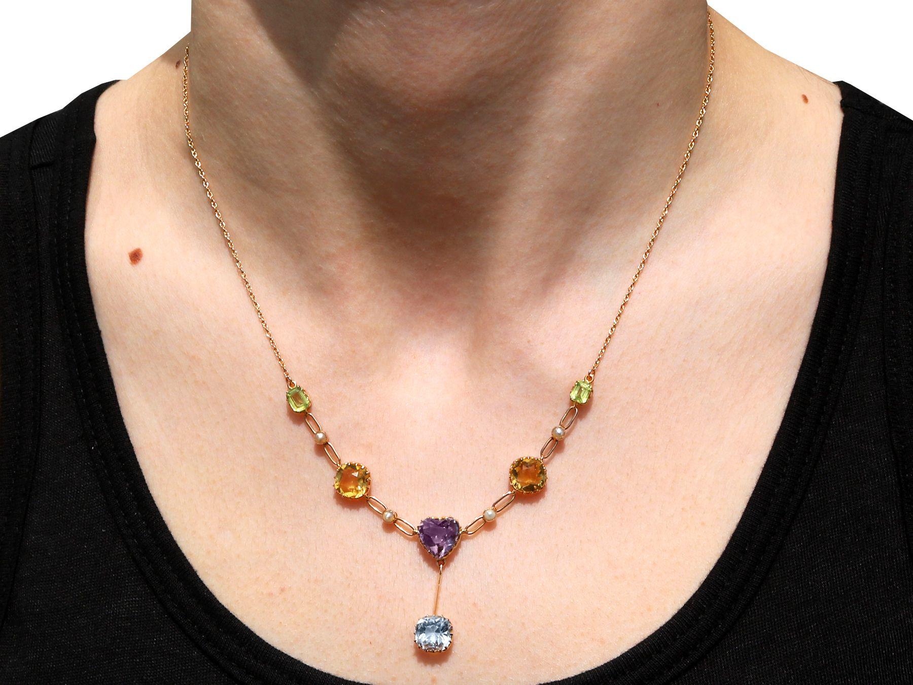 2.36ct Aquamarine, 3.72ct Citrine, 2.10ct Amethyst Peridot and Pearl Necklace For Sale 1