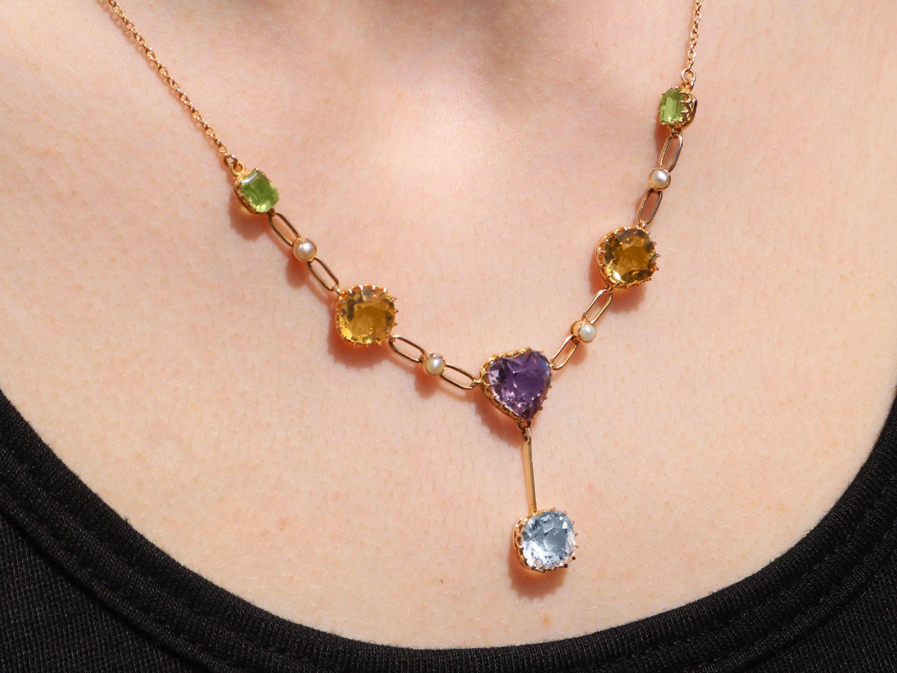 2.36ct Aquamarine, 3.72ct Citrine, 2.10ct Amethyst Peridot and Pearl Necklace For Sale 2