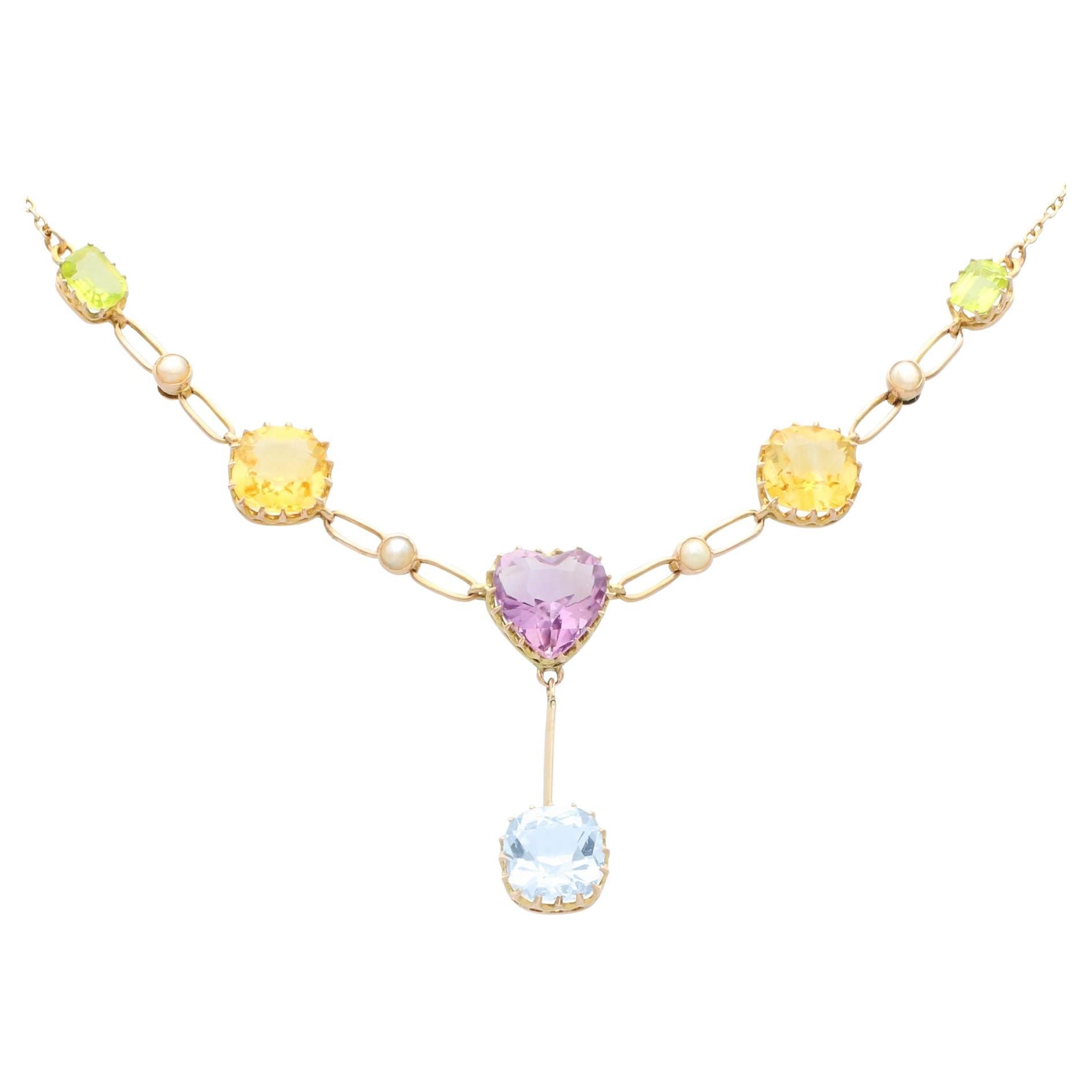 2.36ct Aquamarine, 3.72ct Citrine, 2.10ct Amethyst Peridot and Pearl Necklace For Sale
