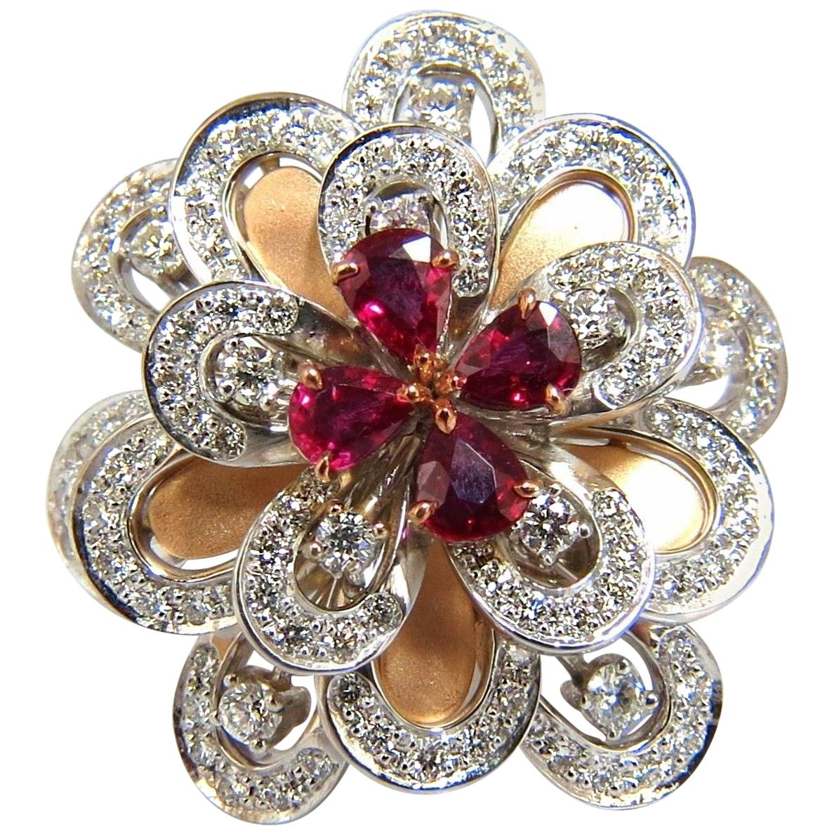 2.36ct NATURAL RUBY DIAMONDS 4 TIER 3d COCKTAIL PETAL DIAMOND RING 18KT