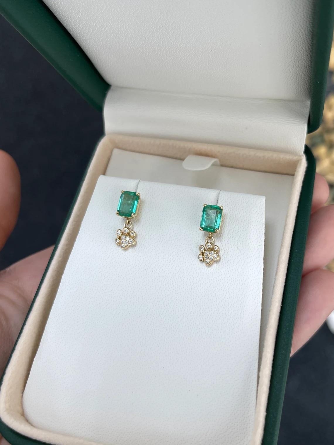 Women's 2.36tcw 14K Lush Green Emerald Cut Emerald & Diamond Paw Print Stud Earrings For Sale