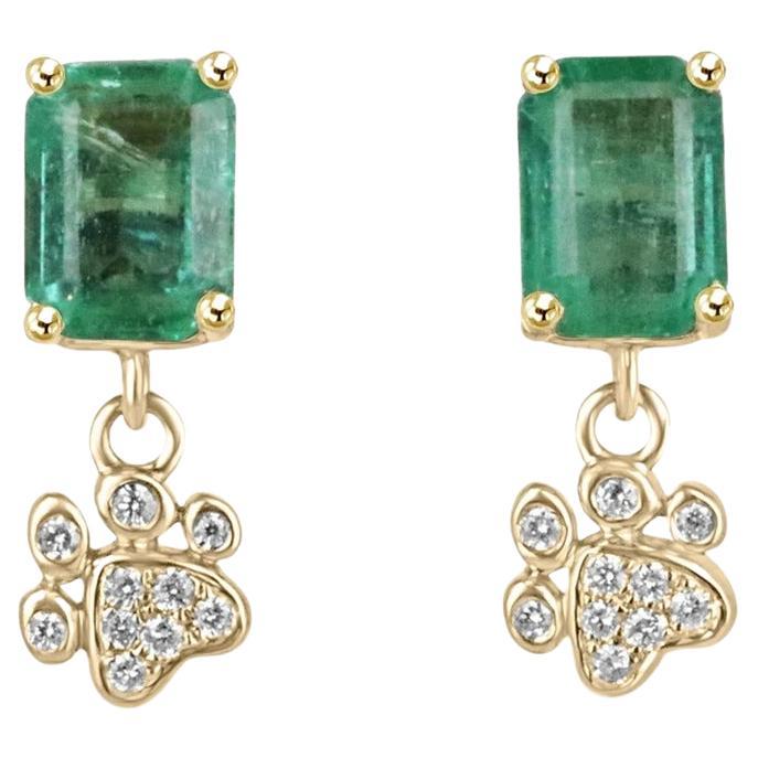 2.36tcw 14K Lush Green Emerald Cut Emerald & Diamond Paw Print Stud Earrings For Sale