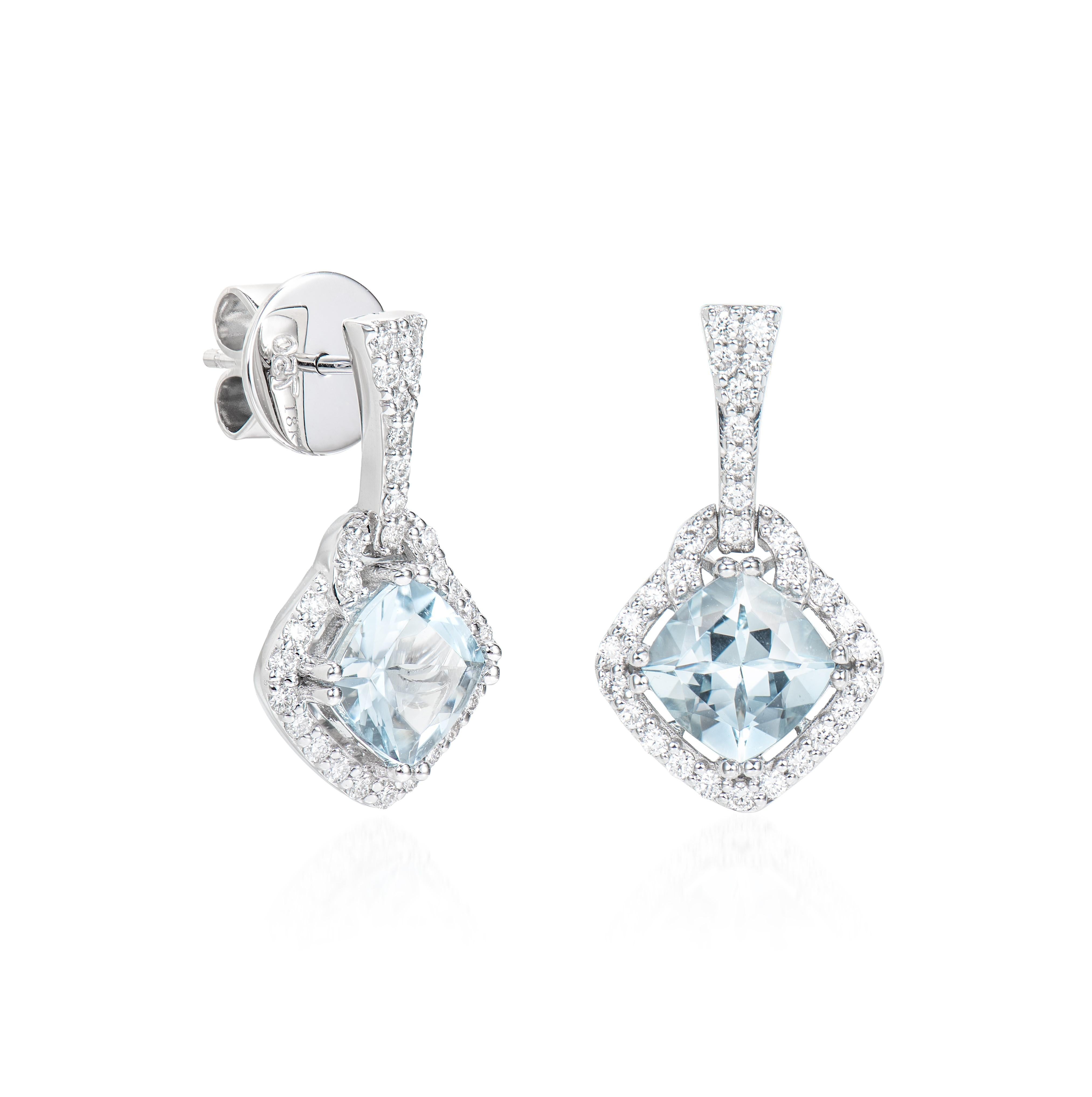 This collection features an array of aquamarines with an icy blue hue that is as cool as it gets! Accented with diamonds these Drops Earrings are made in white gold and present a classic yet elegant look. 

Aquamarine Drop Earrings Ring in 18Karat