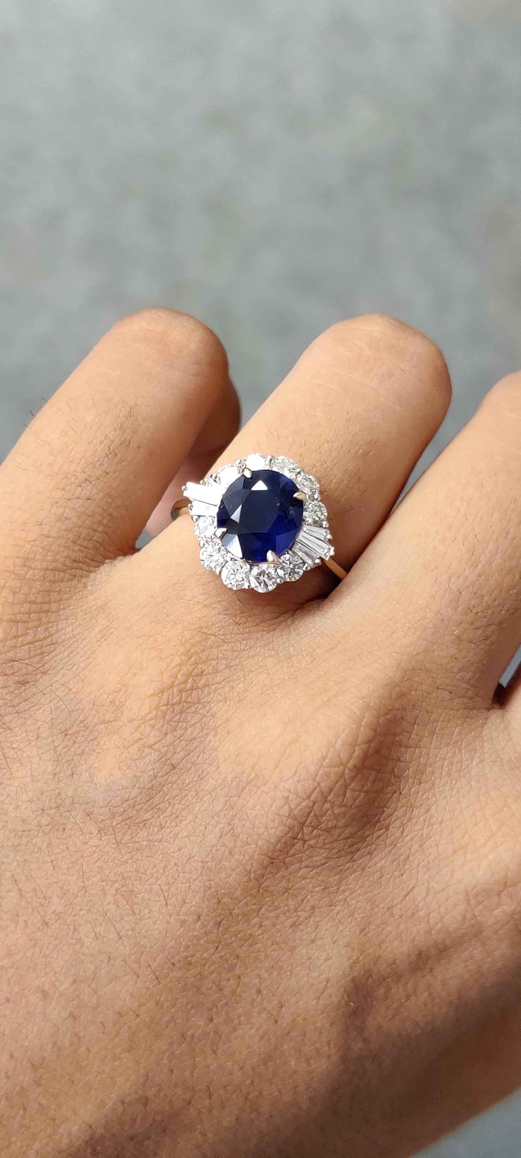 Women's or Men's Victorian Inspired 2.37 Ct Royal Blue Ceylon Sapphire & Diamonds 18K Gold Ring