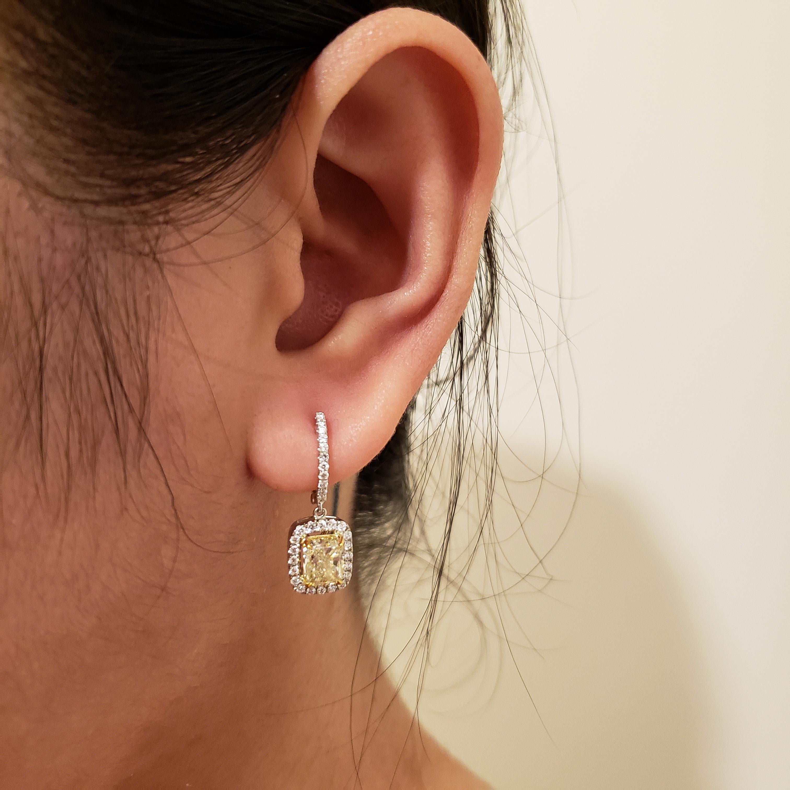 2.37 Carat Cushion Cut Yellow Diamond Halo Dangle Earrings in 18k White Gold For Sale 2