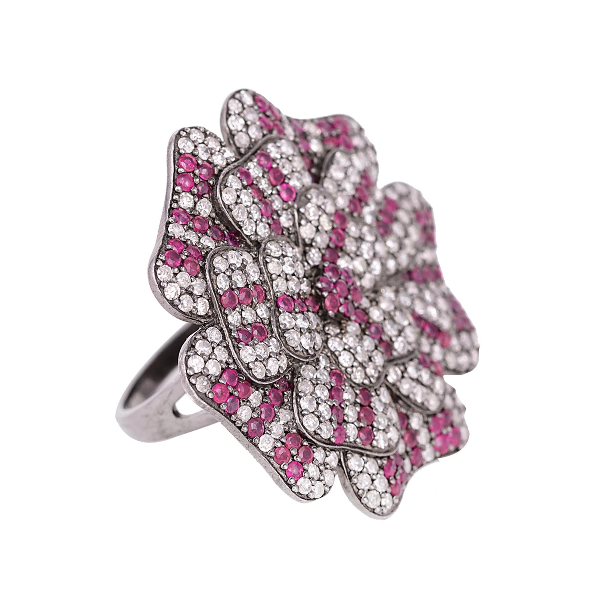 2.37 Carat Diamond and Ruby Flower Statement Fashion Ring in Victorian Style

This Victorian era art-deco style floral enchanting pink-red ruby and diamond ring is eternal. The numerous rows of pave set round diamonds contrasted with the brilliant