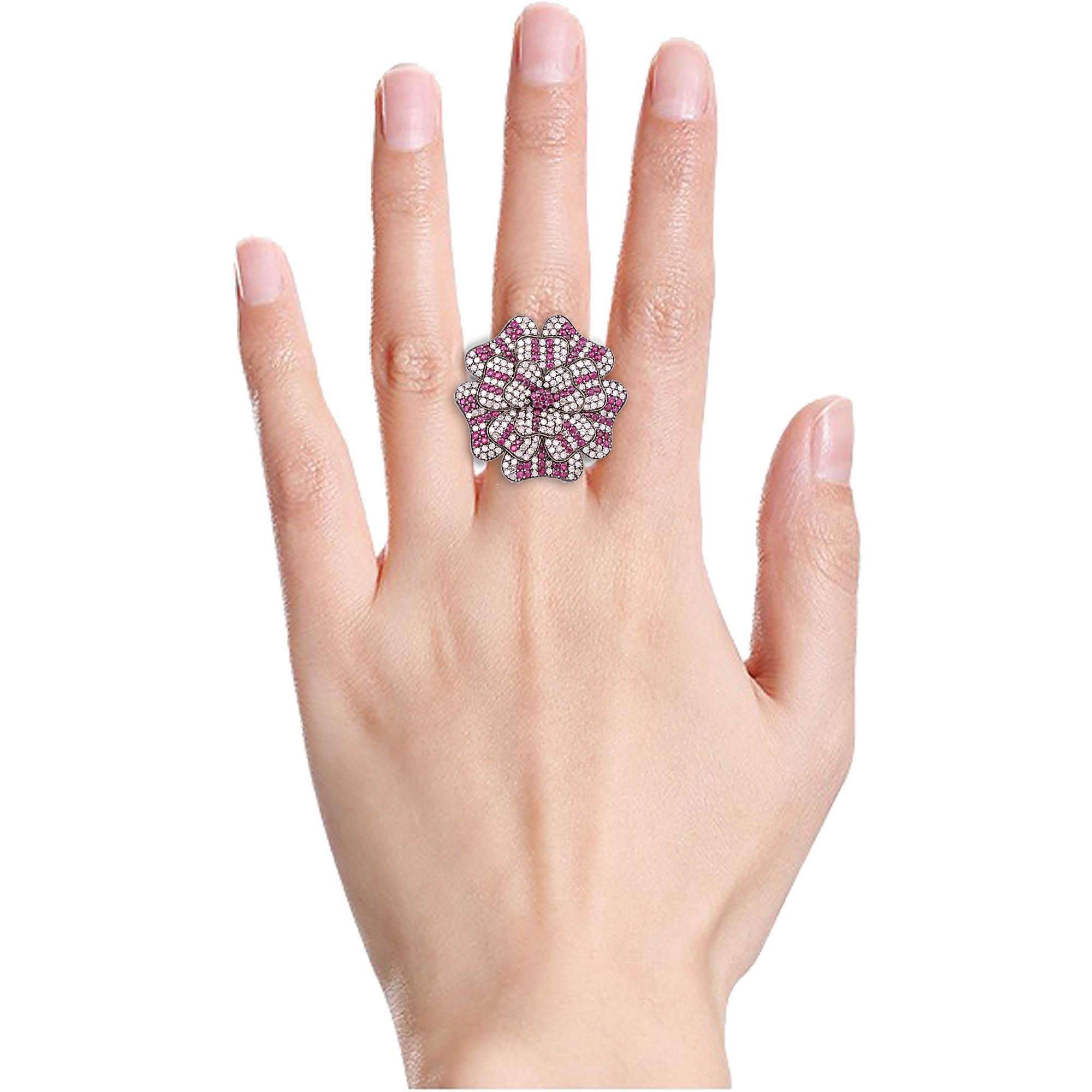 Round Cut 2.37 Carat Diamond and Ruby Flower Statement Fashion Ring in Victorian Style For Sale