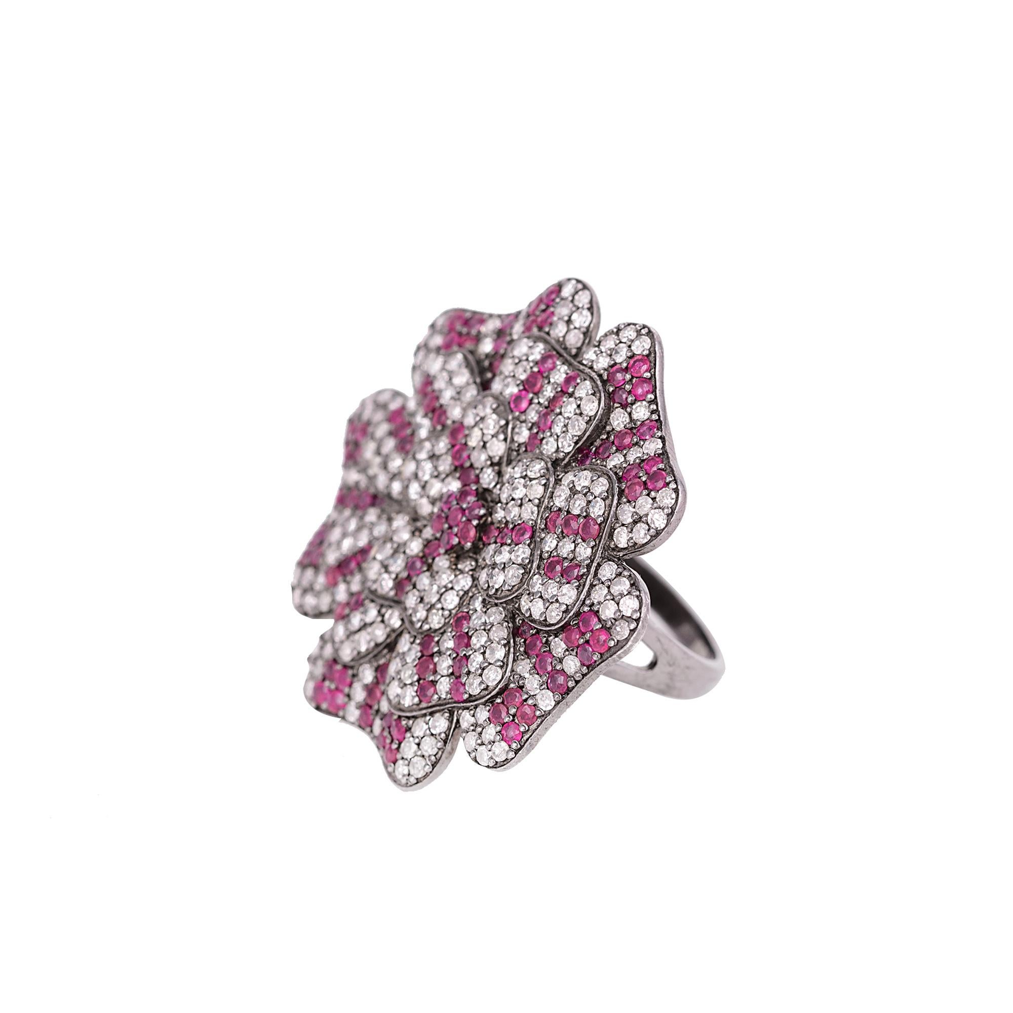 Women's 2.37 Carat Diamond and Ruby Flower Statement Fashion Ring in Victorian Style For Sale