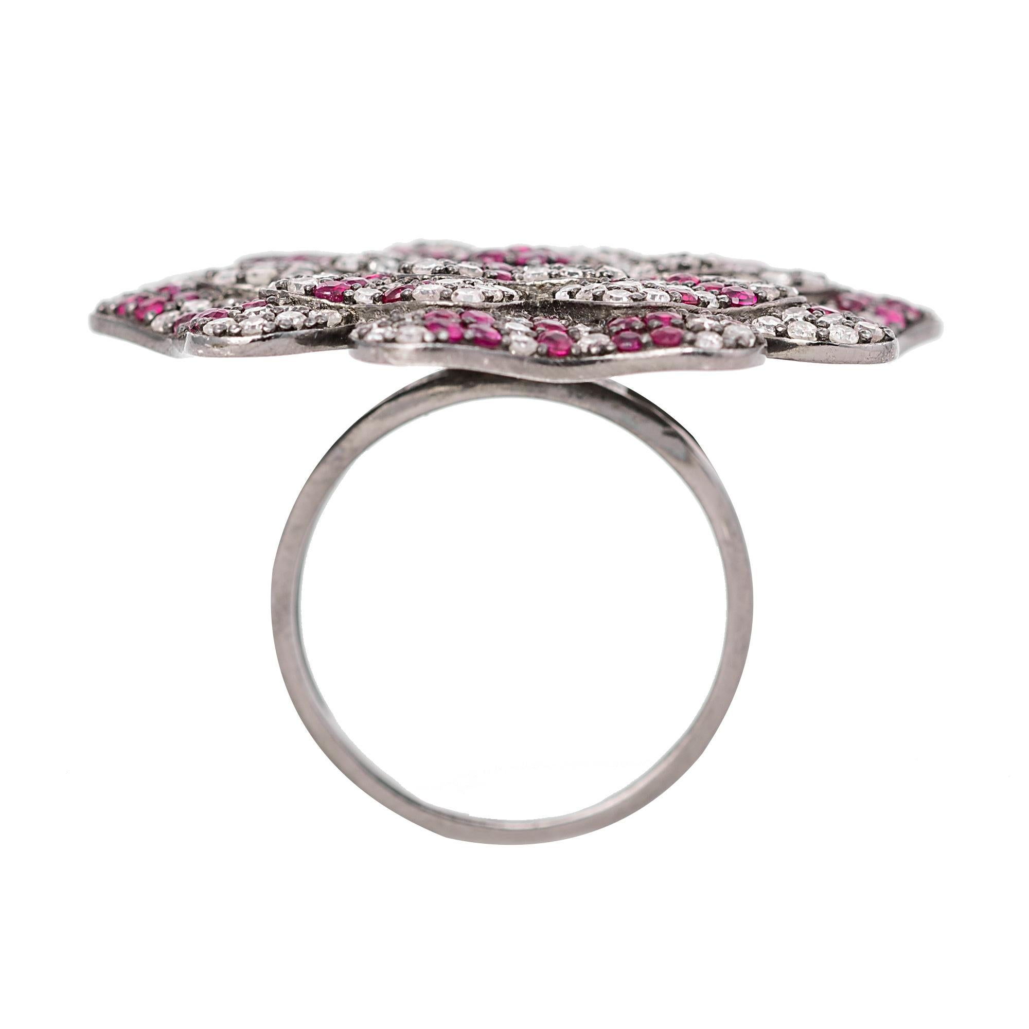 2.37 Carat Diamond and Ruby Flower Statement Fashion Ring in Victorian Style For Sale 1