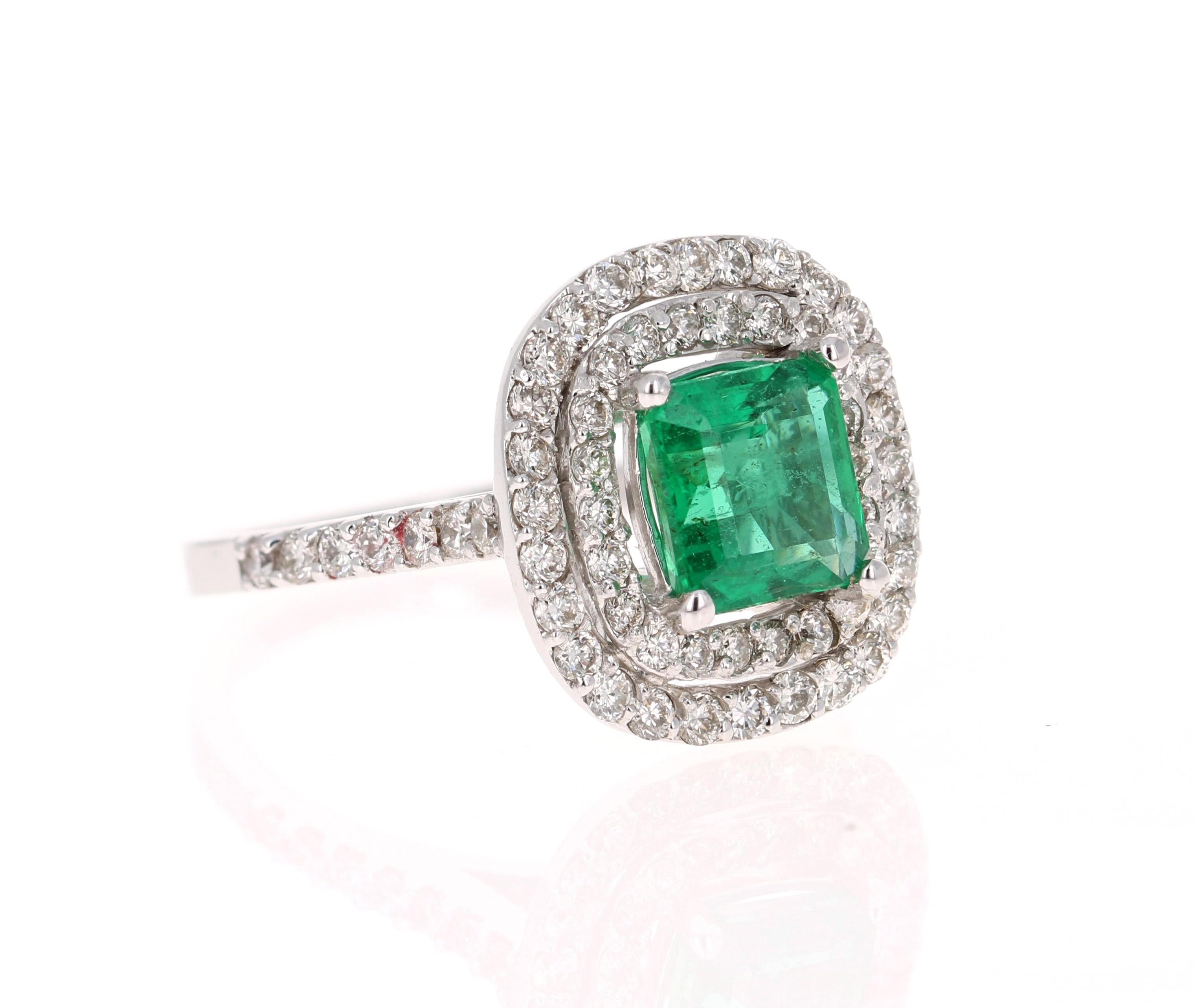 A beautiful double halo setting holding a Natural Square-Step Cut Emerald that weighs 1.43 Carats. Surrounded by a halo of 64 Round Cut Diamonds that weigh 0.94 Carats and has a clarity and color of VS-H. The total carat weight of the ring is 2.37