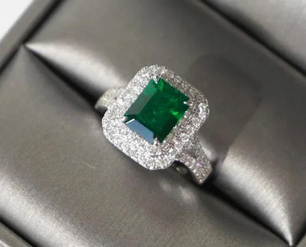 2.37 Carat Emerald Double Halo Ring For Sale 1