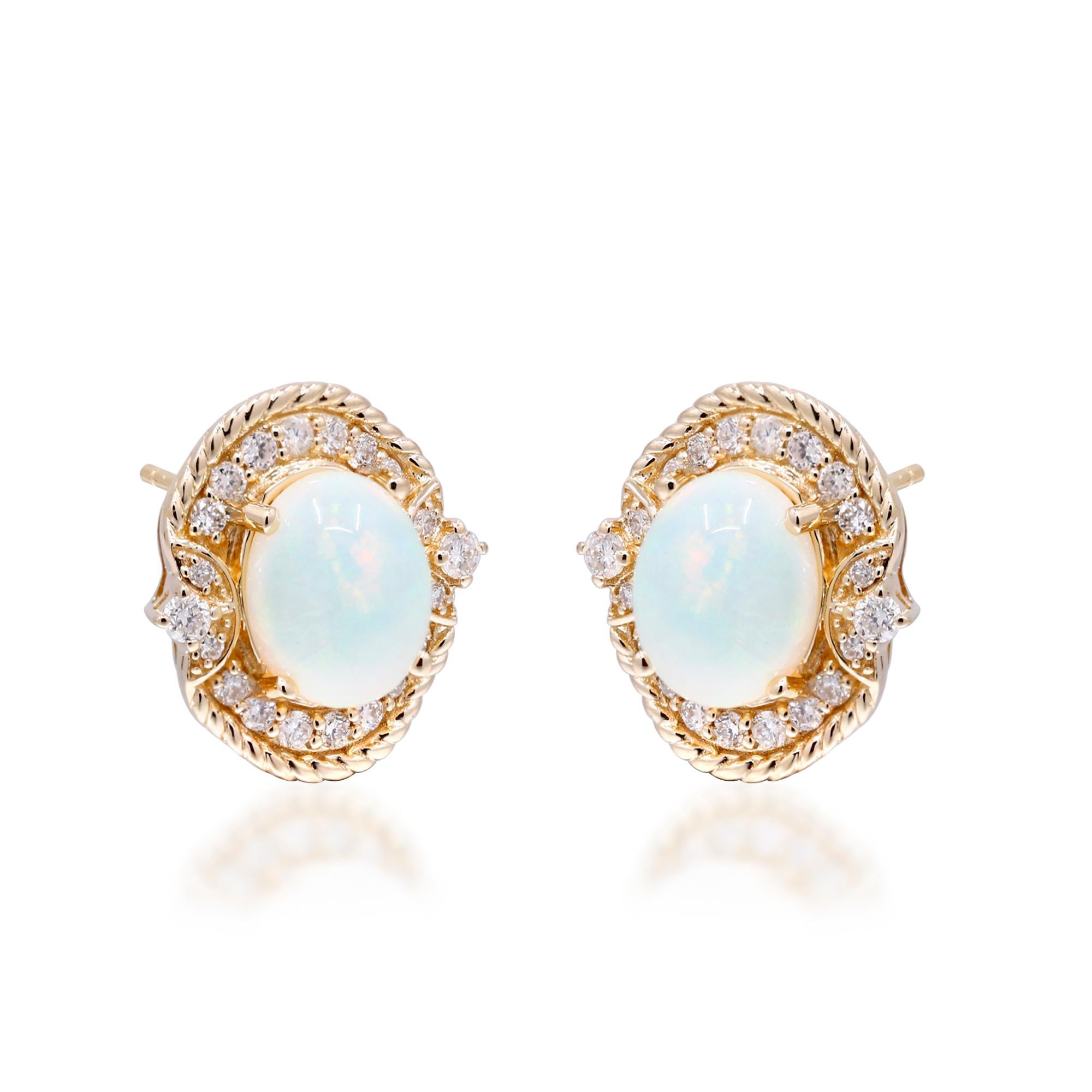 Decorate yourself in elegance with this Earring is crafted from 10-karat Yellow Gold by Gin & Grace Earring. This Earring is made up of 9x7 mm Oval - Cab (2pcs) 2.37 carat Ethiopian Opal and Round-cut White Diamond (40 Pcs) 0.46 Carat. This Earring