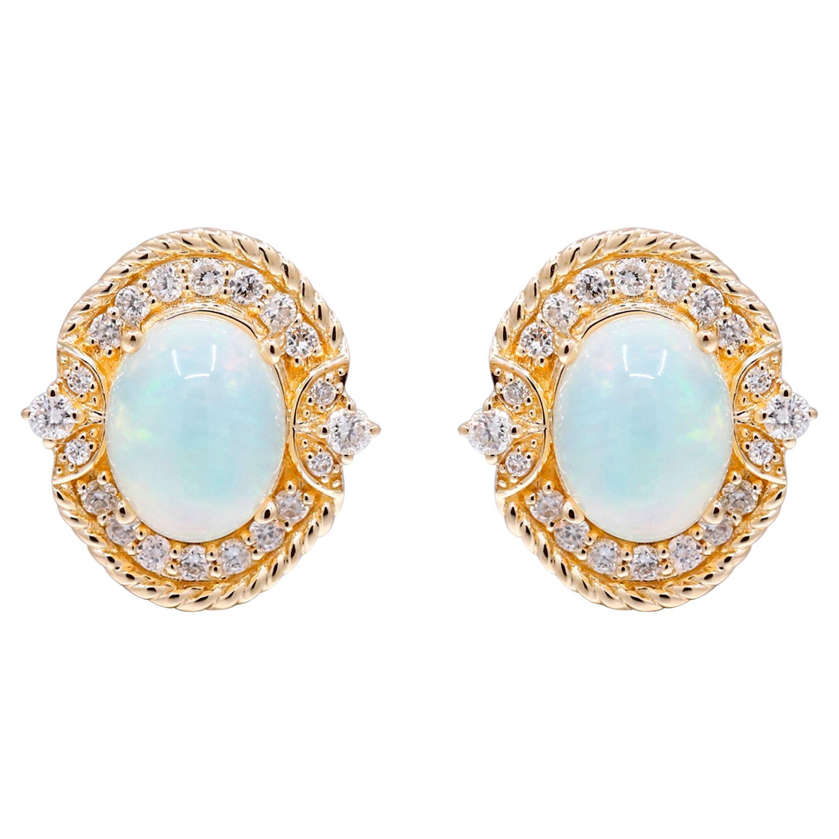 2.37 Carat Ethiopian Opal with Diamond Accents 10K Yellow Gold Earring For Sale