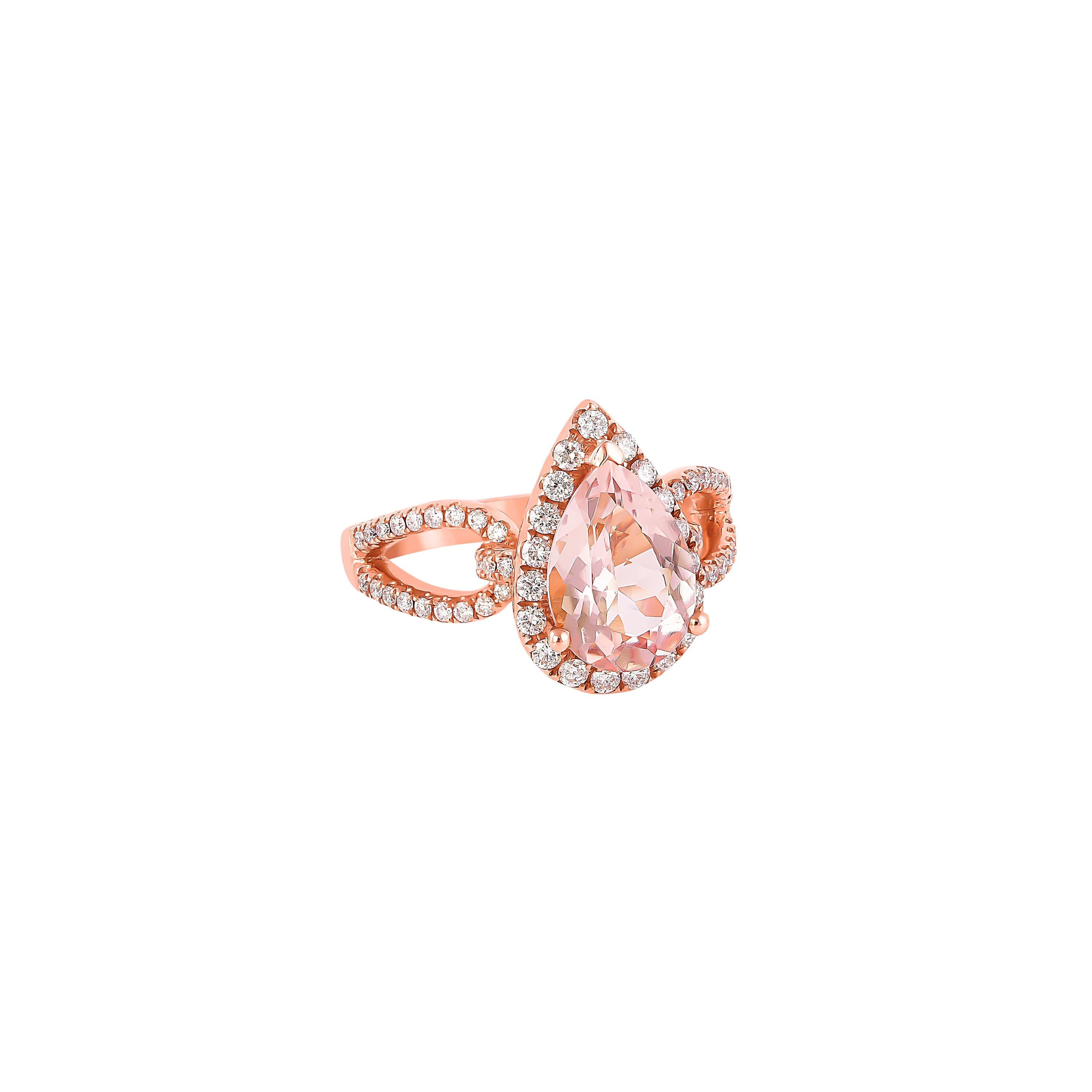 This collection features an array of magnificent morganites! Accented with diamonds these rings are made in rose gold and present a classic yet elegant look. 

Classic morganite ring in 18K rose gold with diamonds. 

Morganite: 2.37 carat pear