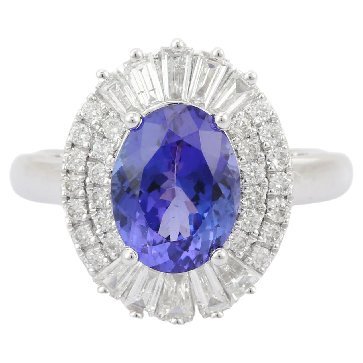 2.37 Carat Natural Big Tanzanite with Diamonds Cocktail Ring in 18K White Gold