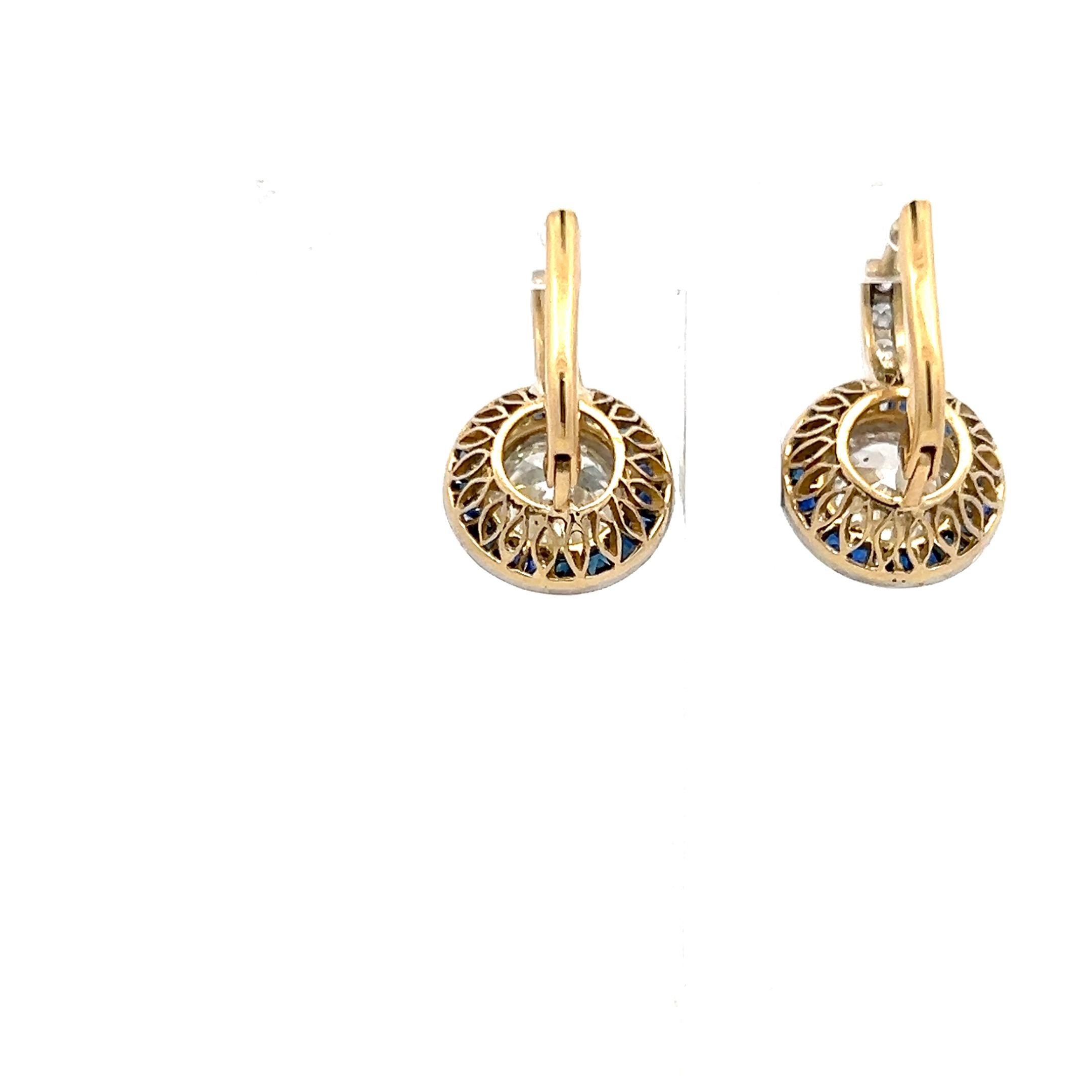 2.37 Carat Old European Cut Diamond 0.50 Carat Sapphire 18K Gold/Plat Earrings In Good Condition For Sale In New York, NY