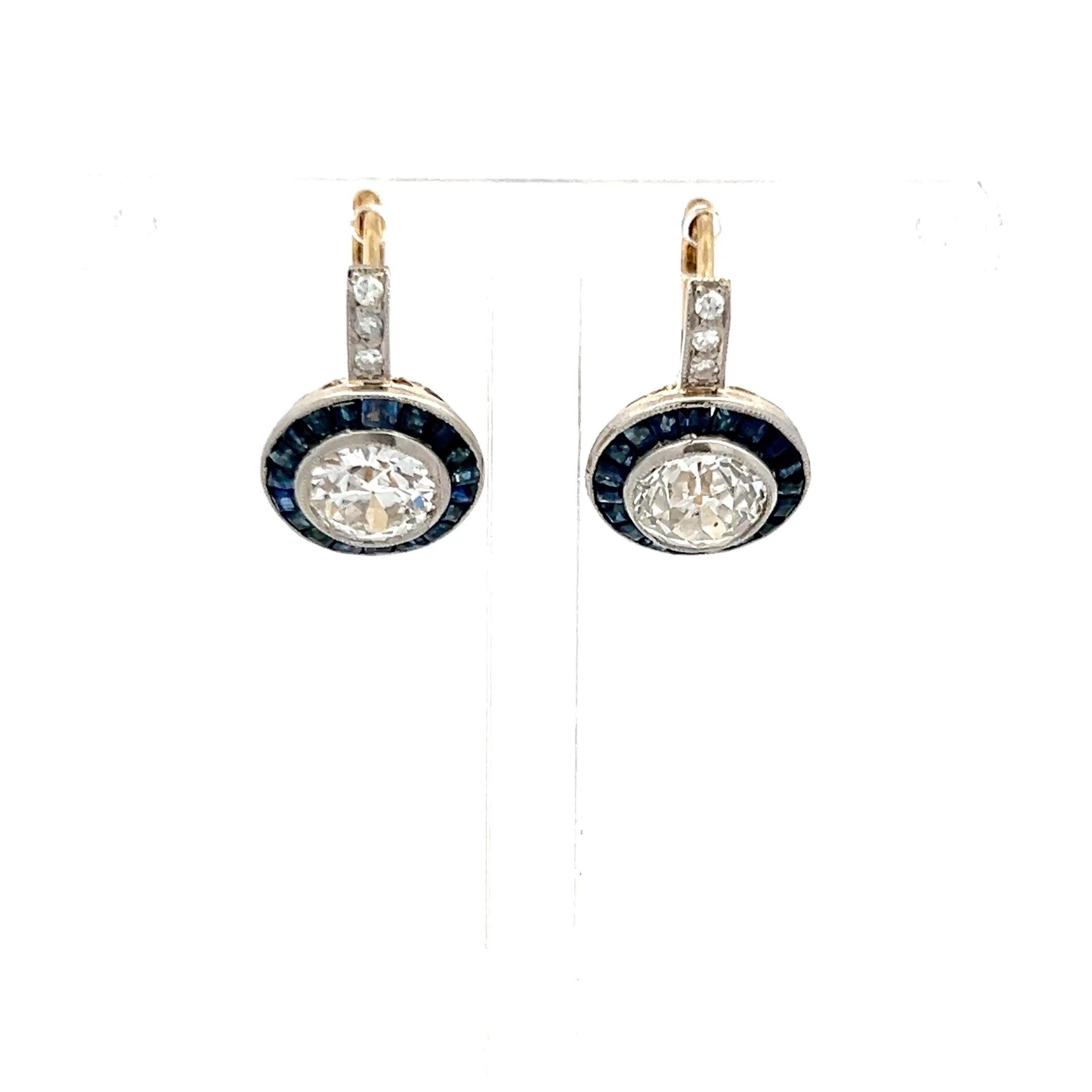 2.37 Carat Old European Cut Diamond 0.50 Carat Sapphire 18K Gold/Plat Earrings For Sale 1