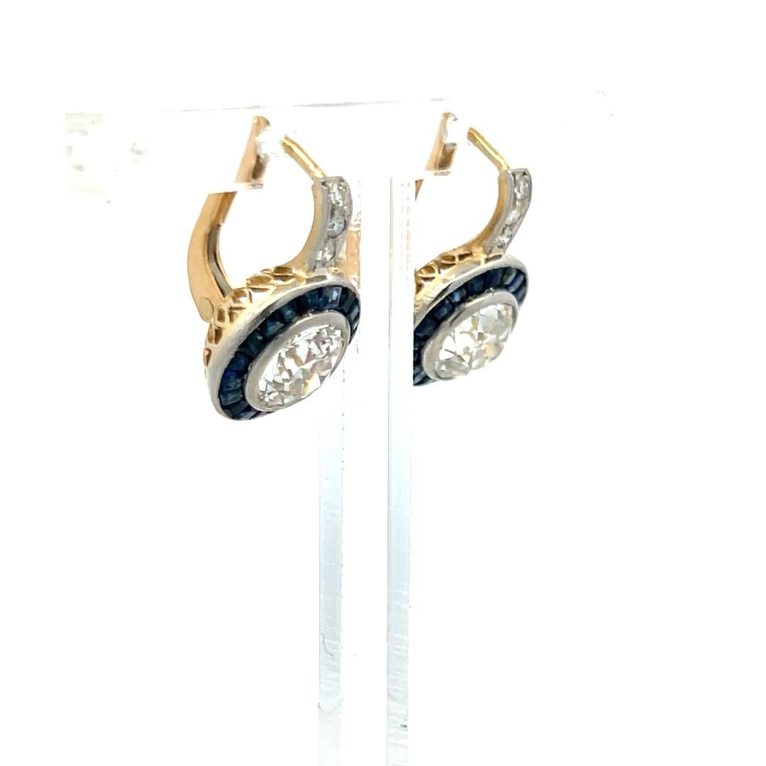 2.37 Carat Old European Cut Diamond 0.50 Carat Sapphire 18K Gold/Plat Earrings For Sale 2