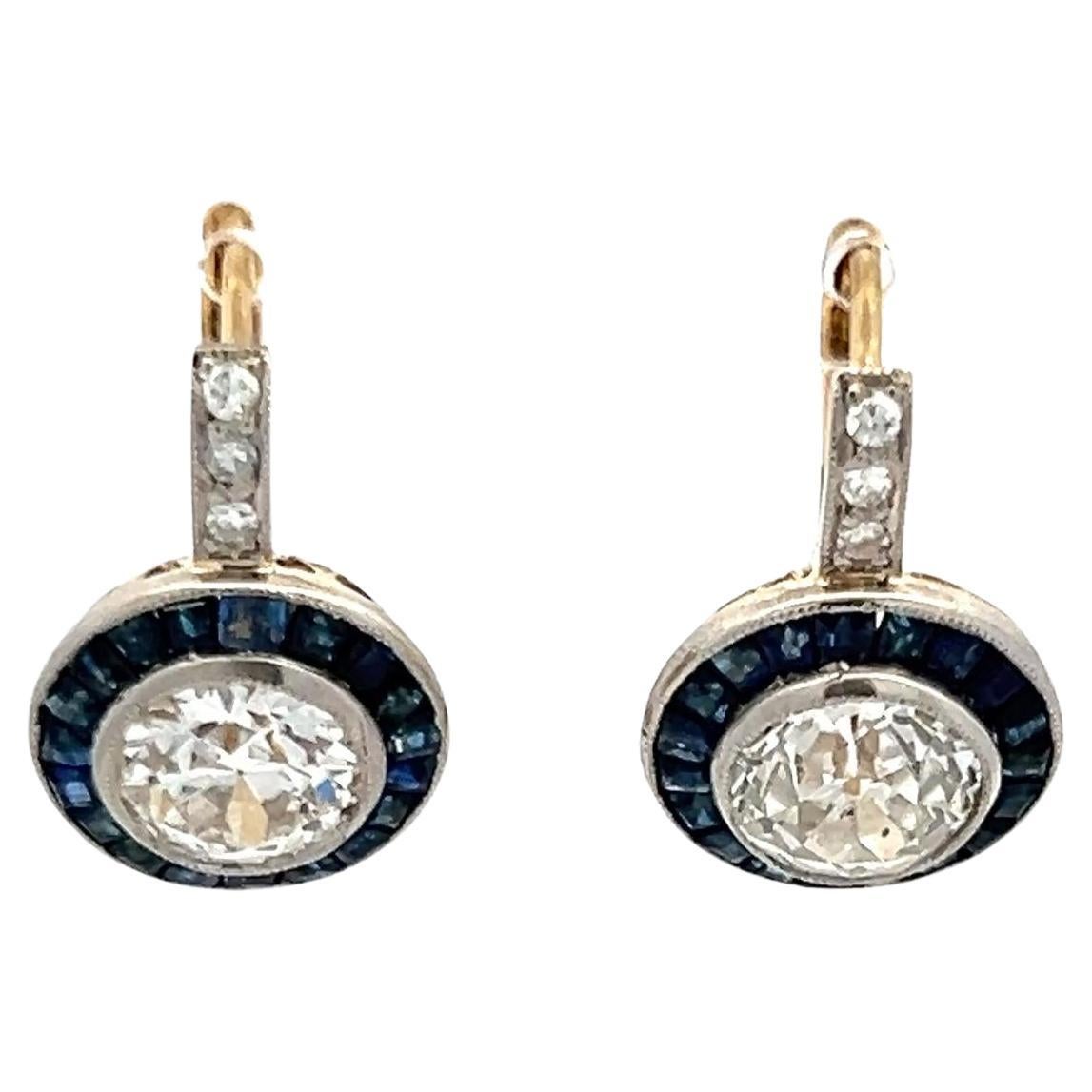 2.37 Carat Old European Cut Diamond 0.50 Carat Sapphire 18K Gold/Plat Earrings