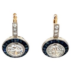 2.37 Carat Old European Cut Diamond 0.50 Carat Sapphire 18K Gold/Plat Earrings