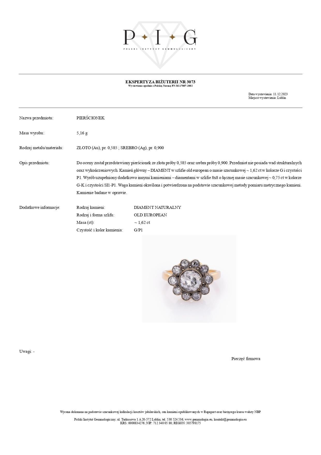Anello con diamante vecchio taglio europeo da 2,37 carati in oro giallo 14K e argento In condizioni Nuovo in vendita a Warszawa, PL