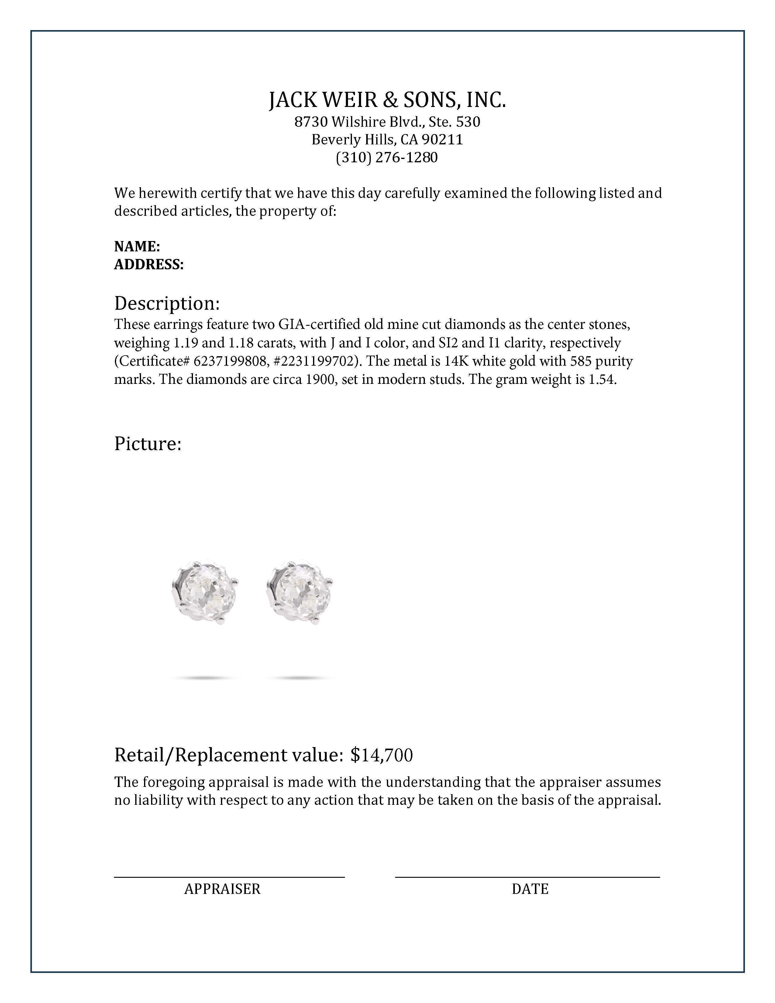 2,37 Karat Diamant-Ohrstecker aus 14K Weißgold mit altem Minenschliff im Zustand „Hervorragend“ in Beverly Hills, CA