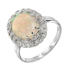2.37 Carat Oval Blue Red Flash Opal Diamond Halo White Gold Ring