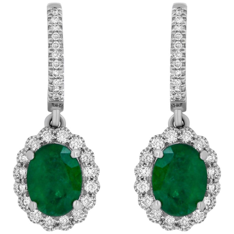 White Gold Oval Shaped Emerald and White Diamond Halo Drop Earring For ...