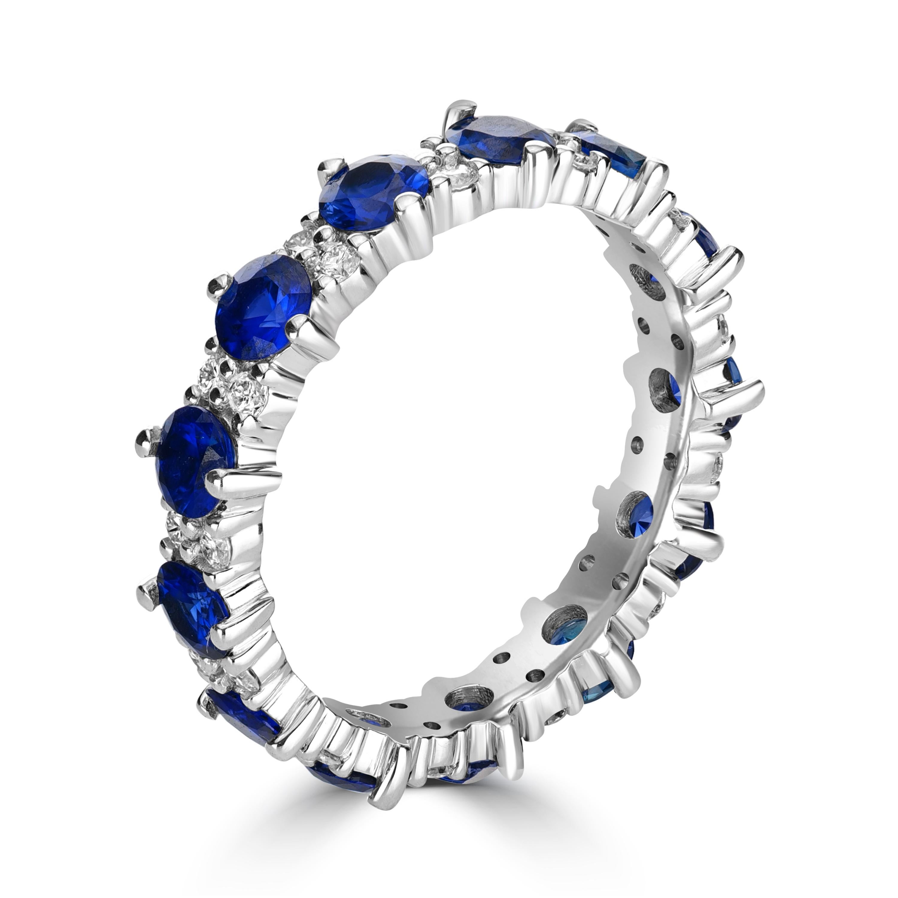 This eternity band is like no other. This 2.37 carats of sapphire and diamond eternity ring consist of round cut sapphires and round cut diamonds. The sapphires used are from Sri Lanka also known as Ceylon sapphires known for their bright blue color