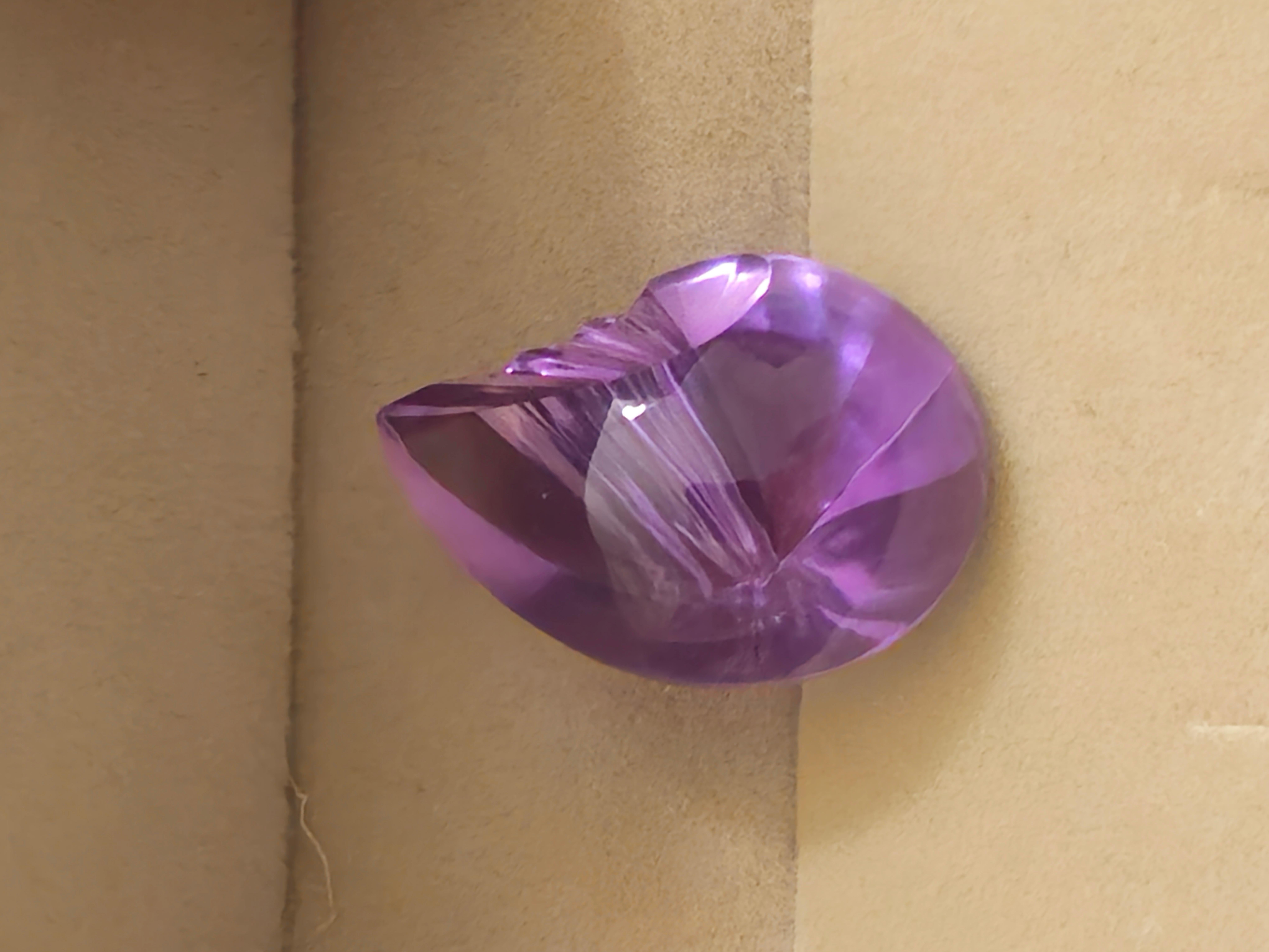 Single Cut 23.7 ct. Brazil Natural Amethyst Seashell Fantasy Cut 23X17 For Sale