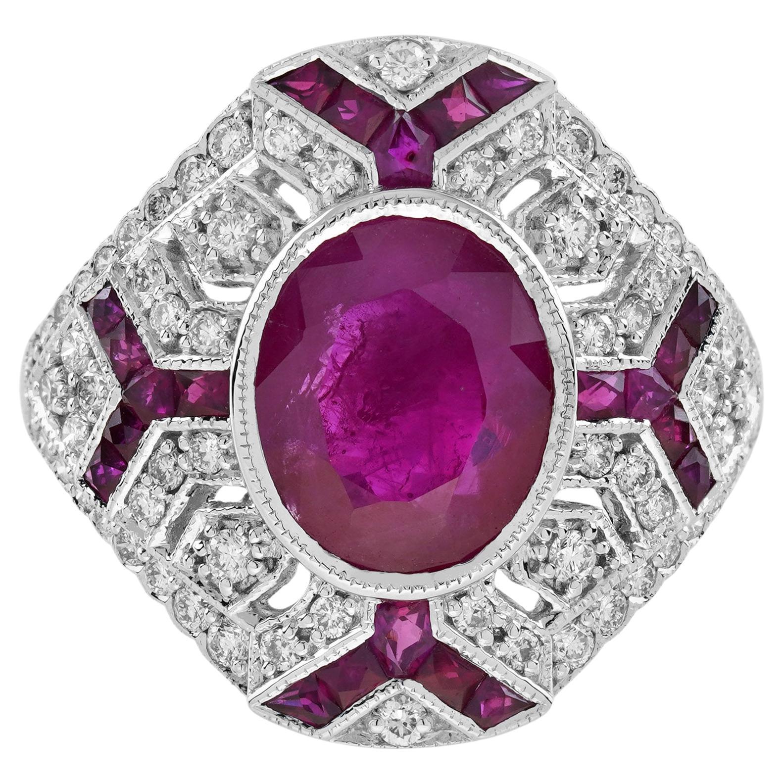 2.37 Ct. Burmese Ruby and Diamond Art Deco Style Halo Ring in 18K White Gold
