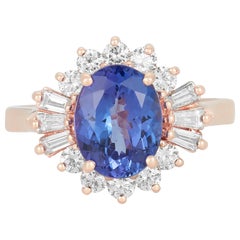 2.37 Ct Oval Tanzanite Ring with 0.25 Ct, Baguette White Diamond 14K Rose Gold