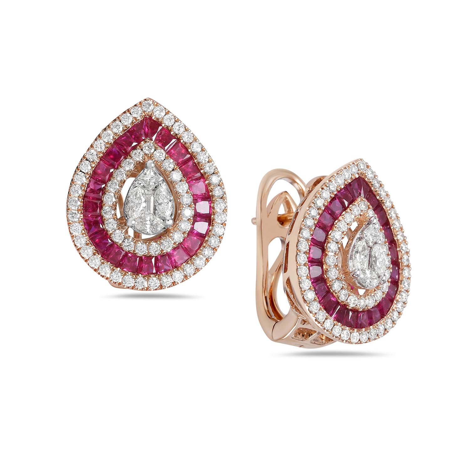 Art Nouveau 2.37 Ct Ruby Pear Shaped Studs With Diamonds Made In 18k Gold For Sale