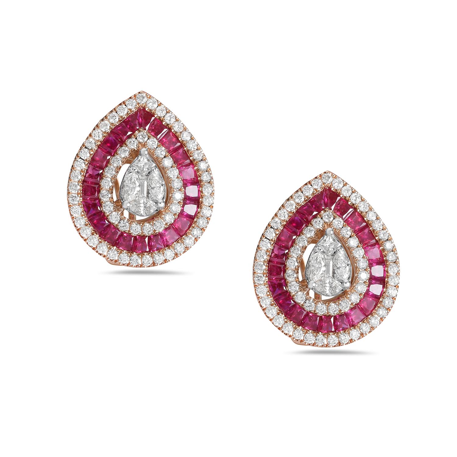 Mixed Cut 2.37 Ct Ruby Pear Shaped Studs With Diamonds Made In 18k Gold For Sale
