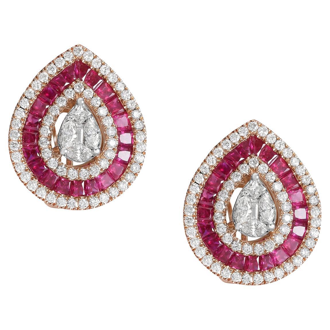 2.37 Ct Ruby Pear Shaped Studs With Diamonds Made In 18k Gold For Sale